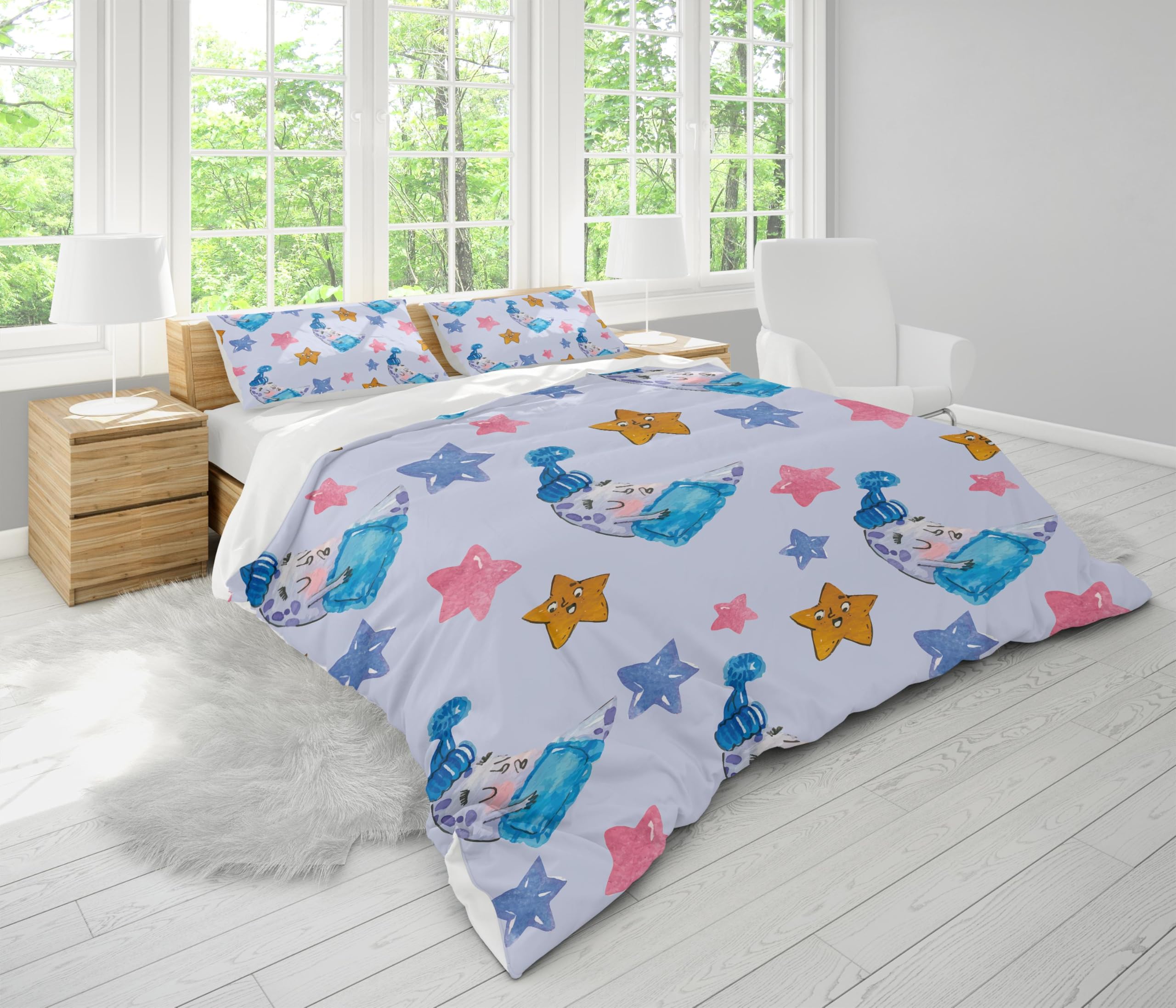 Juego de funda nórdica con estampado de estrellas y luna, juego de cama completo con estampado divertido y divertido, ropa de cama para niños, decoración de dormitorio 200x200cm -80x80cm*2