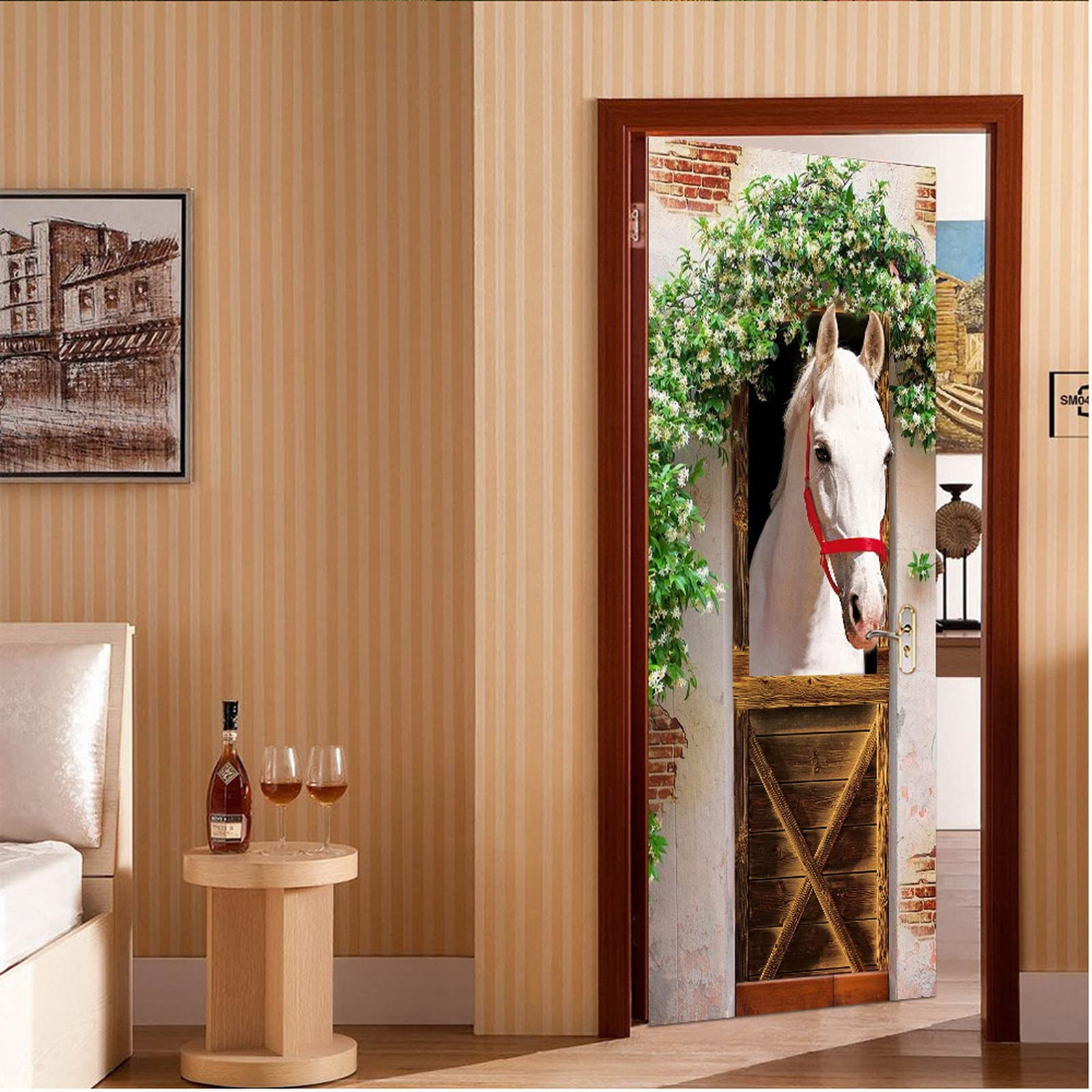 A.Monamour Sticker Porte Autocollant Poster De Porte 3D Cheval Blanc dans Le Thème des Animaux D'Écurie Vinyle Affiche De Porte Sticker Mural Papier Peint Art Décor 77 x 200 cm