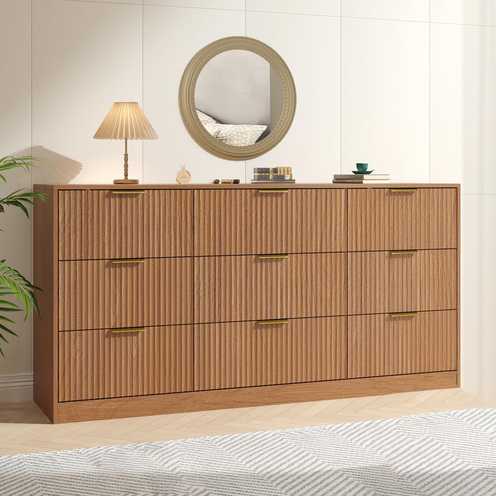 Natural Wood 9 Drawer Dresser for Bedroom, 63" Wide Fluted Wood Dresser