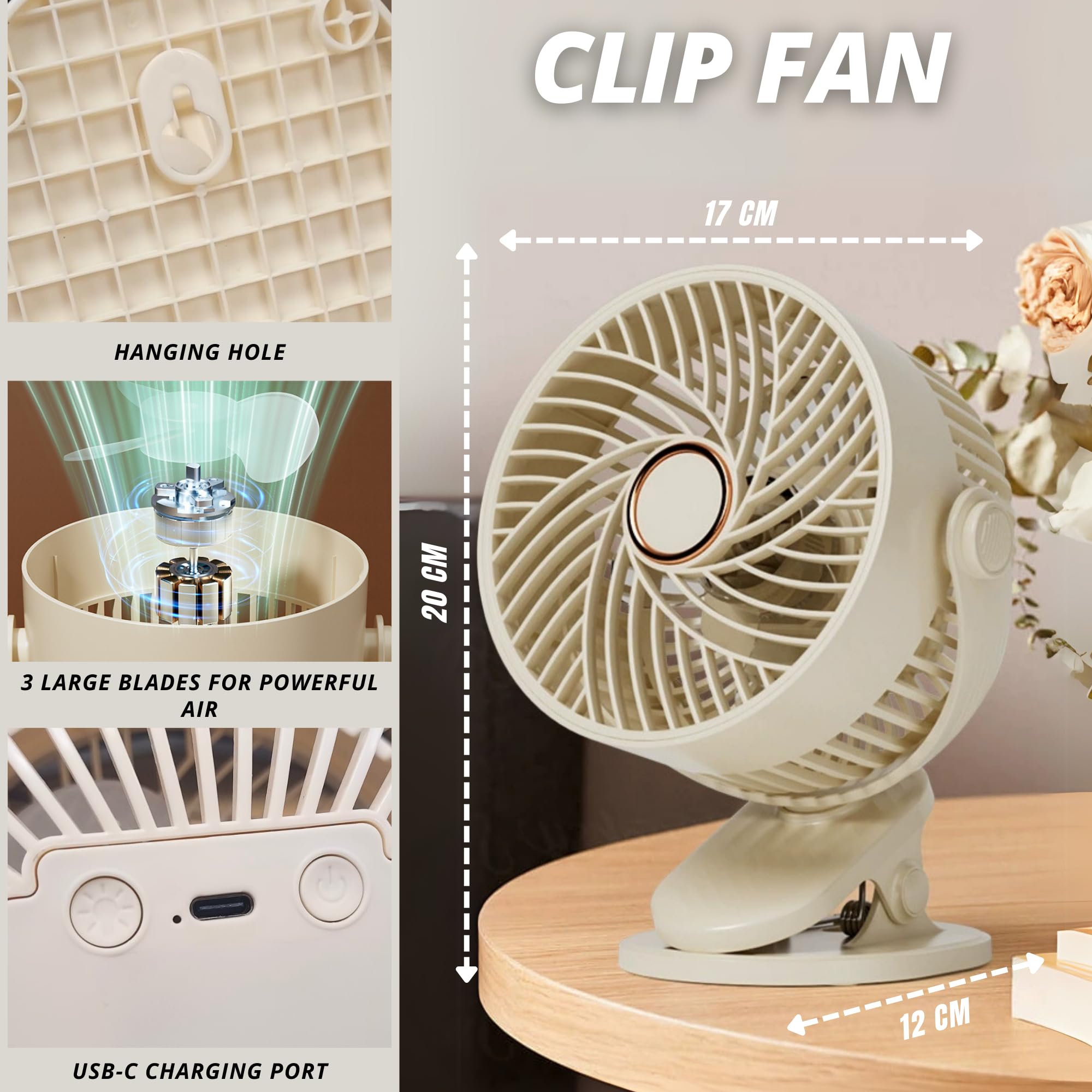MAGIC SELECT Ventilateur à Pince 5 Vitesses avec Lumière | Silencieux, Multi-Surfaces, Tour à 360º, Batterie Longue Durée, Câble USB-C Intégré