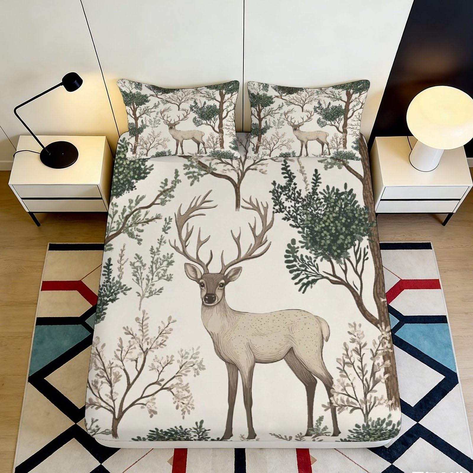 Pnayamiorkfel Style-5 3D Printed Forest Deer Fitted Sheet Microfiber Soft Breathable Woodland Trees Mattress Cover For Bedroom Guest Room Decor 90X200x25cm