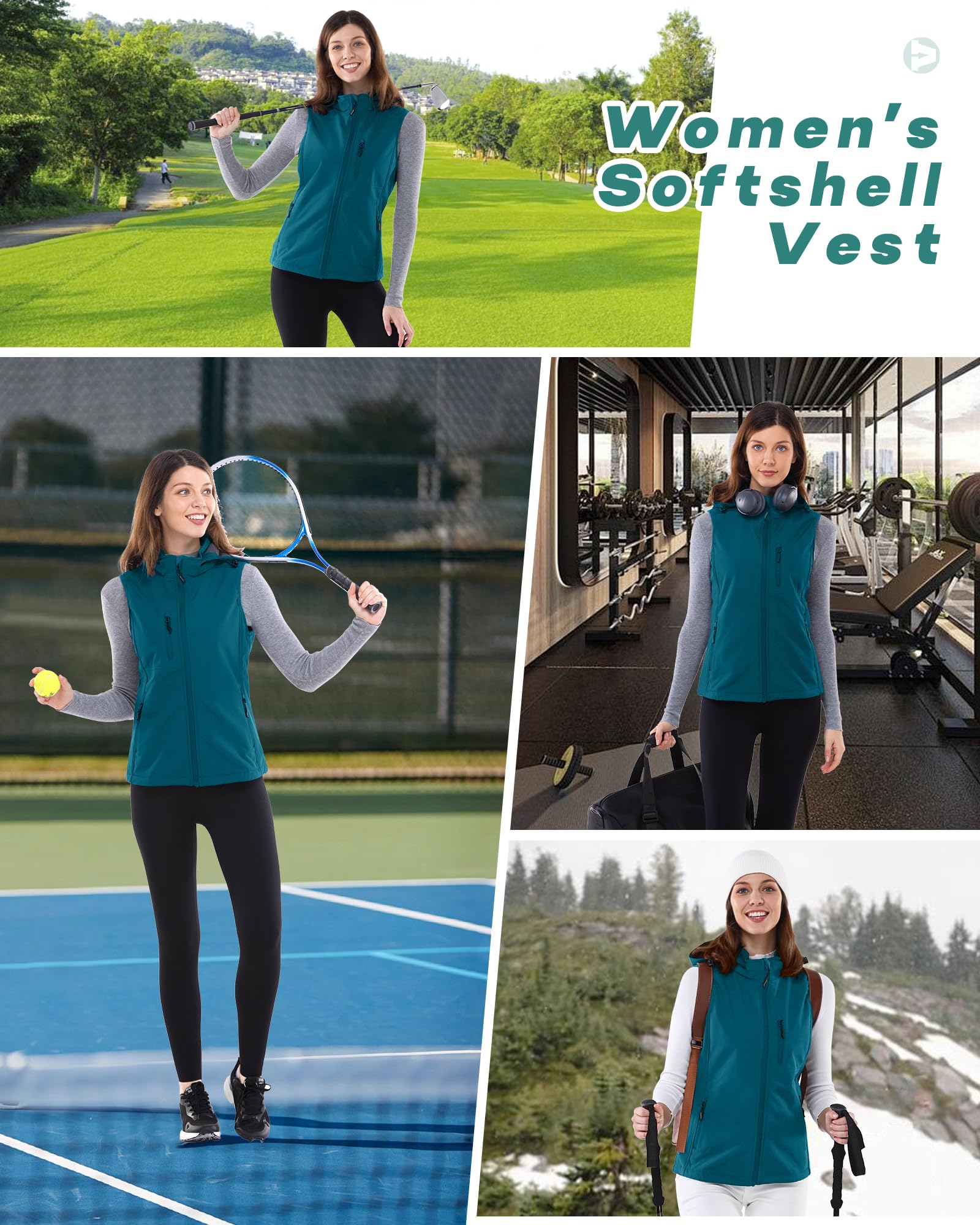 Outdoor Ventures Gilet da donna con cappuccio, leggero, in softshell, antivento, foderato in pile, senza maniche, per golf, corsa, viaggi