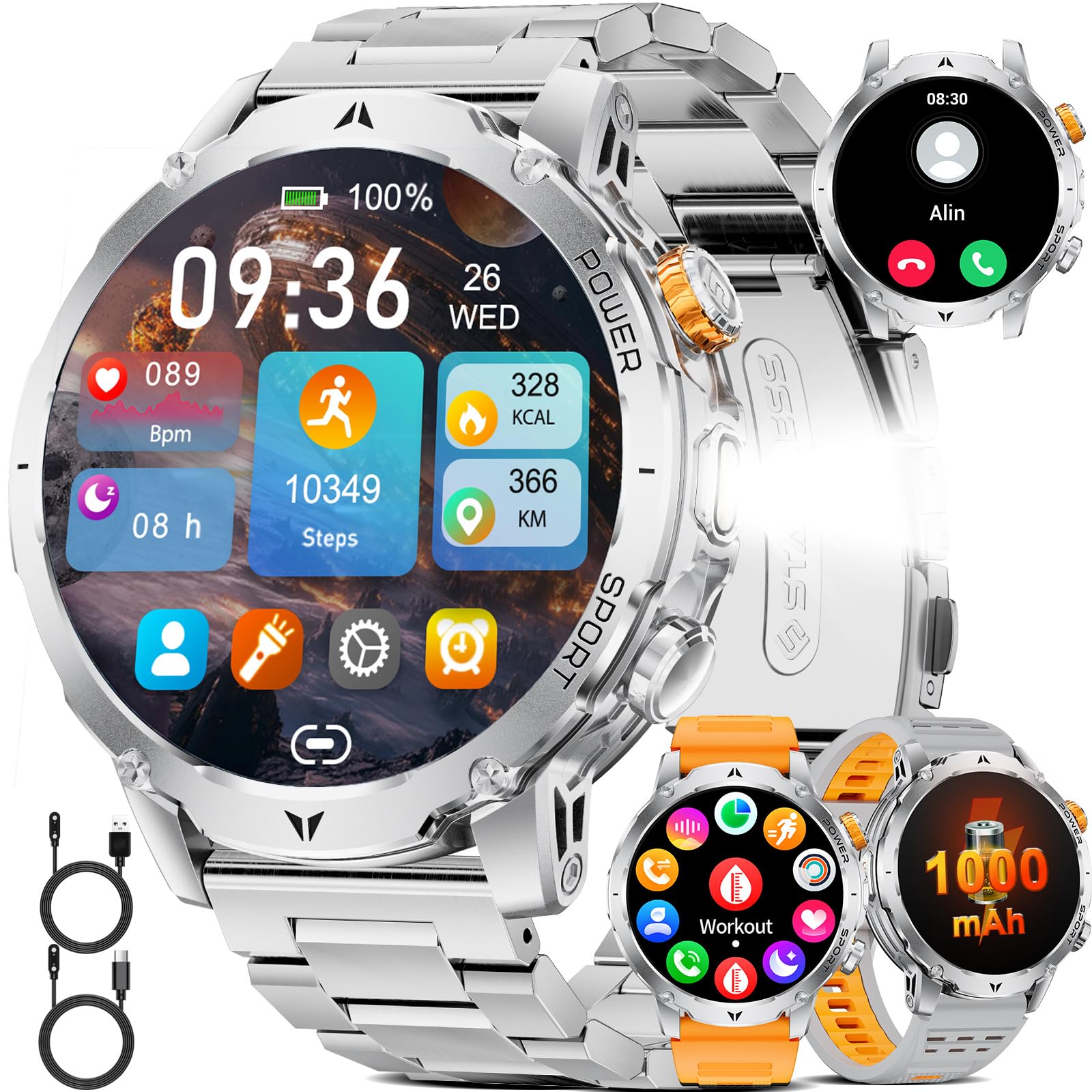 Reloj Inteligente Hombre con 1000 mAh/Linterna/Llamada Bluetooth, 1,7'' Smartwatch Militar con 110+ Modos Deportivos, IP68 Impermeable, Frecuencia Cardíaca, Android iOS, 3 Pulseras+2 Cargadores,EF24-D