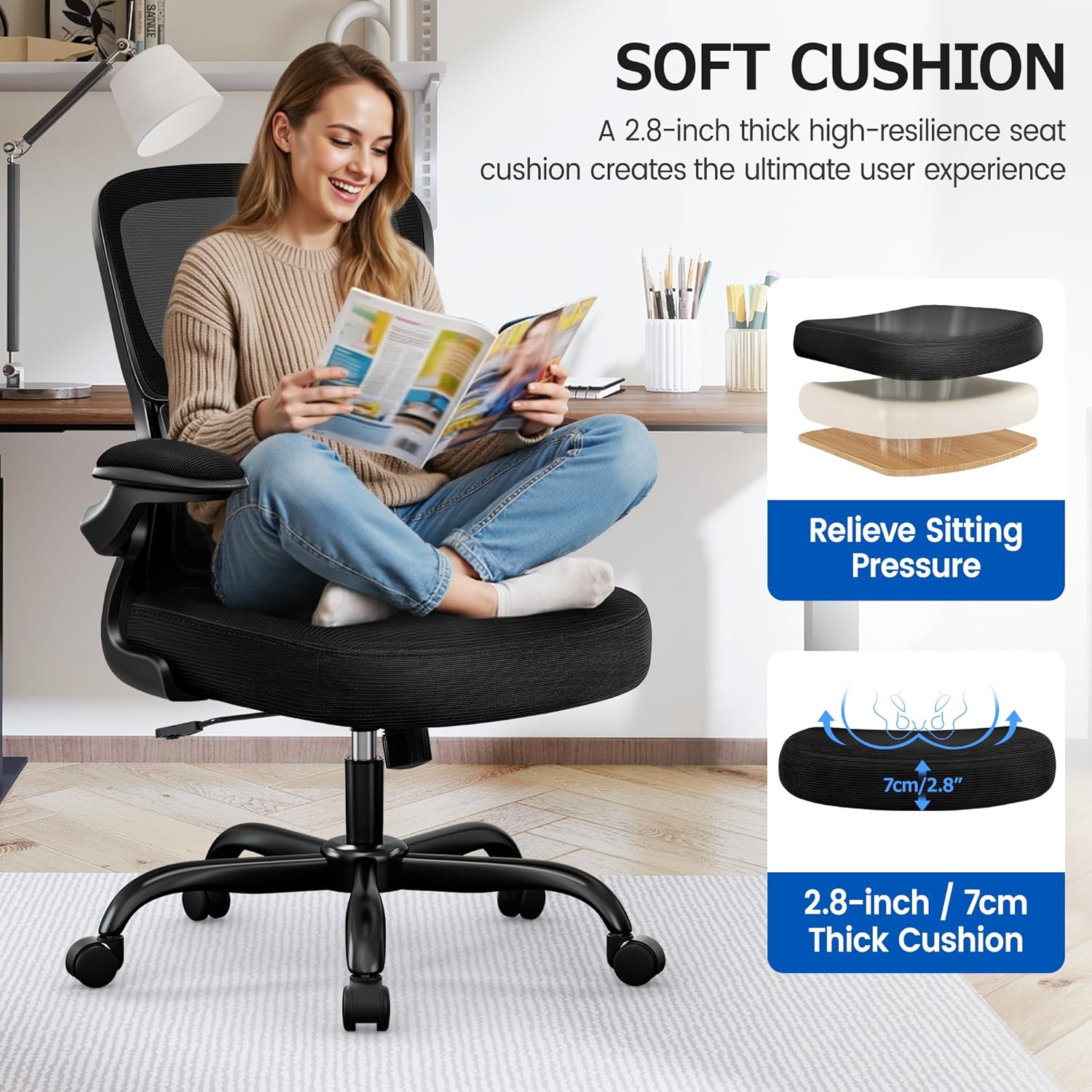 ALLGOD Office Chair Ergonomic Desk Chair, Breathable Mesh Desk Chair Comfy with Lumbar Support, Flip-up Armrests, Computer Chairs Comfortable for Home, Office, Work, Standard, 300Lbs