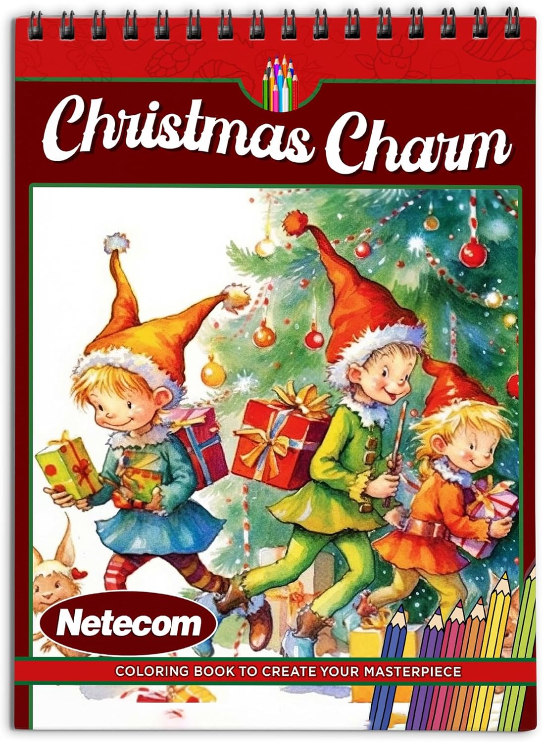 Netecom Festive Christmas Coloring Book for Adults, Soft Cover, 30 Xmas Theme Coloring Pages of Winter Holidays for Stress Relief and Relaxation, Spiral Bound Edition