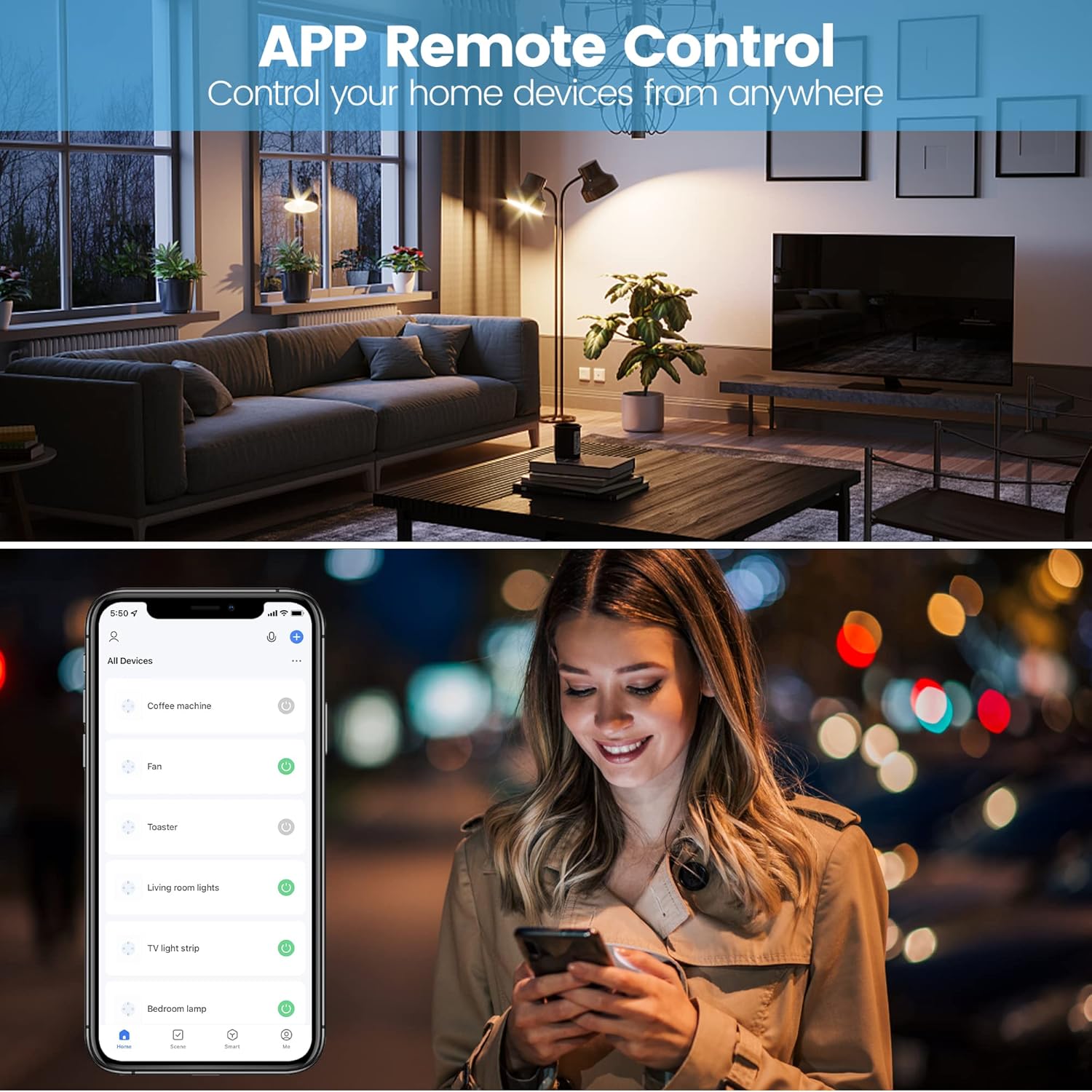 A split image showing a living room with smart lighting controlled by the app, and a person using a smartphone to control devices remotely.