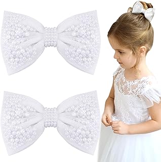 2Pcs Pearl Hair Bows for Girls, White Pearl Hair Bow Clips, Wedding Hair Accessories for Baby Infants Toddlers Kids
