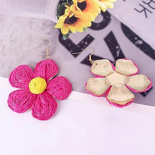 Vista 3 de SELOVO Pendientes colgantes de ratán con flores de rafia