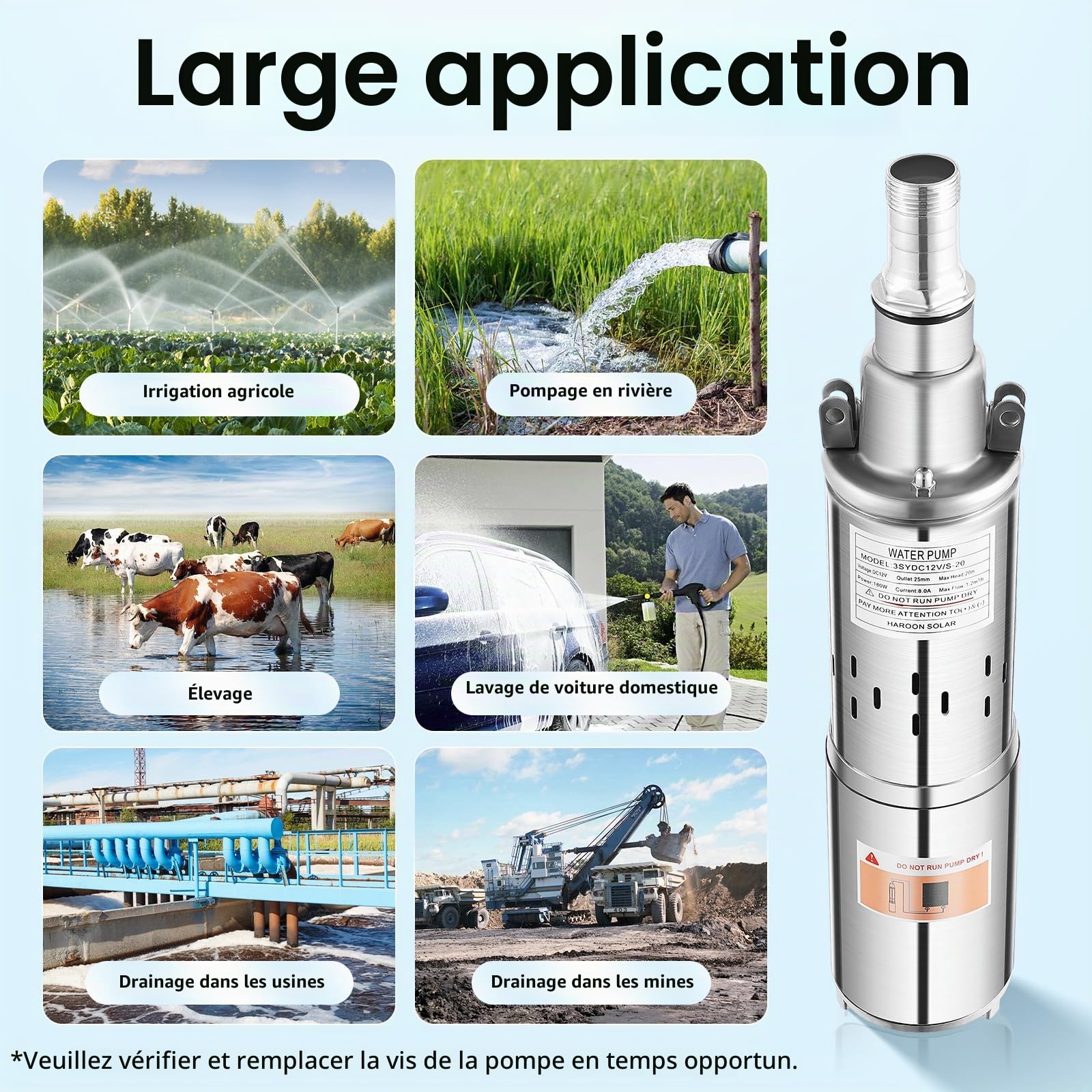 Pompe de puits profond, 12 V, 180 W, en acier inoxydable, submersible, sortie de 25 mm à 20 m, 1,2 m³/h, idéale pour l'irrigation ou l'approvisionnement en eau