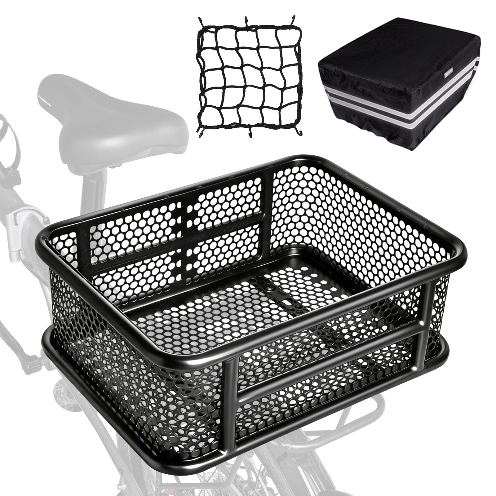Photo 1 of RAYMACE Bike Basket Rear with Reflective Waterproof Cover and Cargo Net, Perforated Design Large Bicycle Basket Fits for Electric Bike, Mounted Rear or Front Rack-Patent Pending