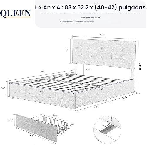Miniatura 2 de Allewie - Base de cama con plataforma de tamaño Queen, tapizada, con 4 cajones de almacenamiento y cabecera, diseño tapizado cosido en cuadrados