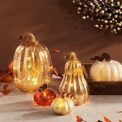 Miniatura 5 de LampLust Calabazas de cristal dorado con luces  Juego de 3, estilo de cristal de mercurio, pilas incluidas, decoraciones de cosecha de Acción de