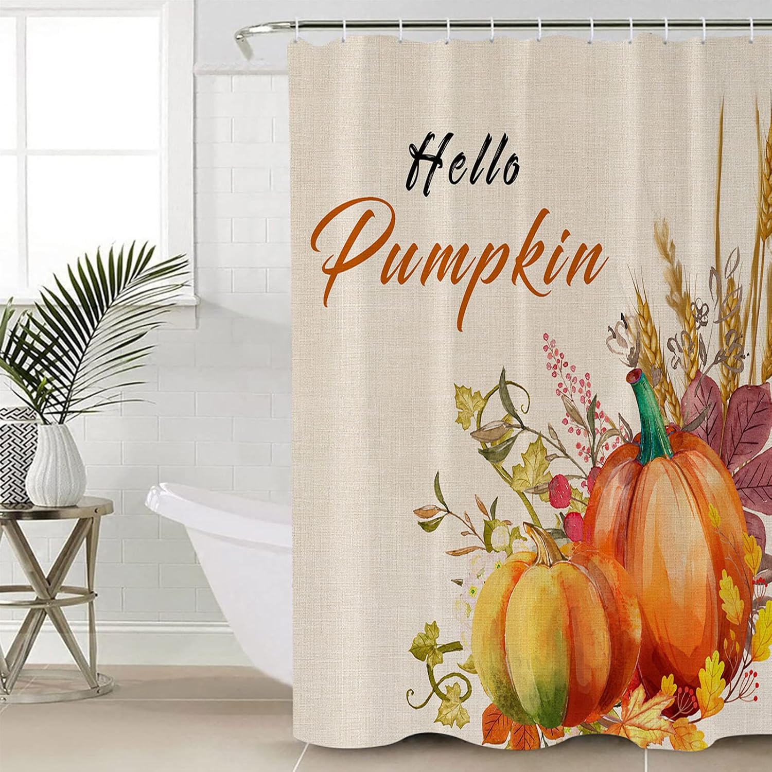 Fall 4 Pcs Shower Curtain Set with Non-Slip Rug, Toilet Lid Cover, Bath Mat and 12 Hooks, Waterproof Shower Curtain Set for Bathroom - Hello Pumpkin Fall Pumpkin and Rice Ears