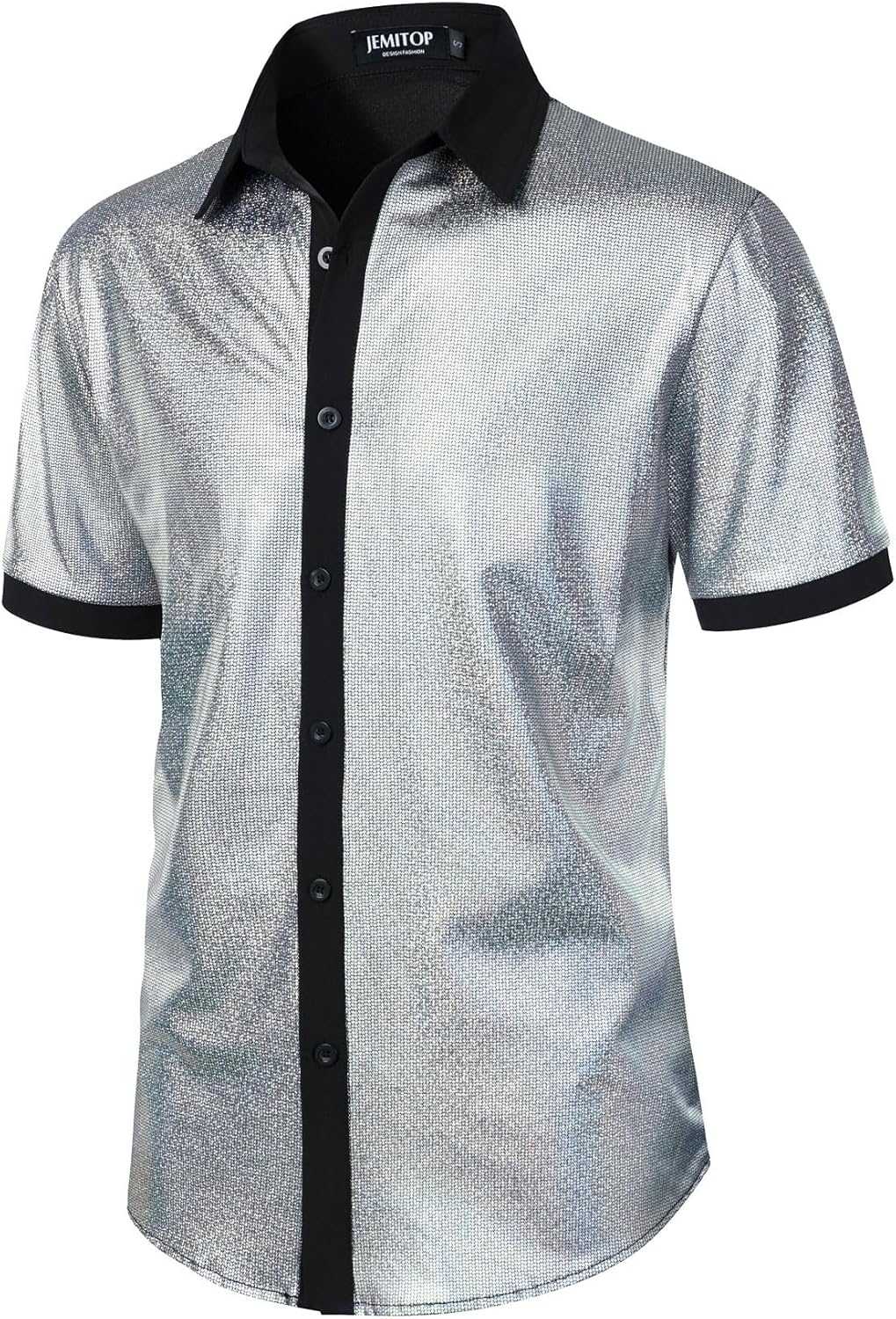 JEMITOP Men's Shiny Metallic Sequin Stretchy Short Sleeve Button Down Shirts for 70s Disco Party Halloween - Image 2