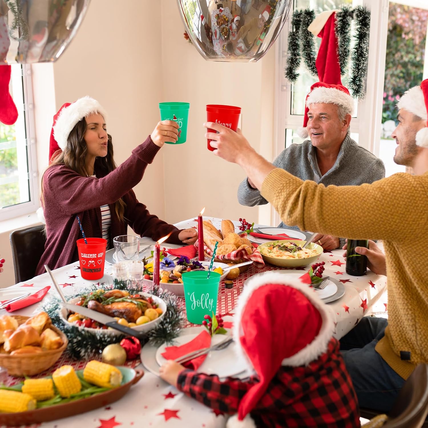 Christmas Party Cups Set - 24-Pack Red & Green Plastic Cups with Festive Holiday Designs, Includes Matching Straws for Xmas Celebrations (Santa, Grinch, Elf Themes) - Image 4