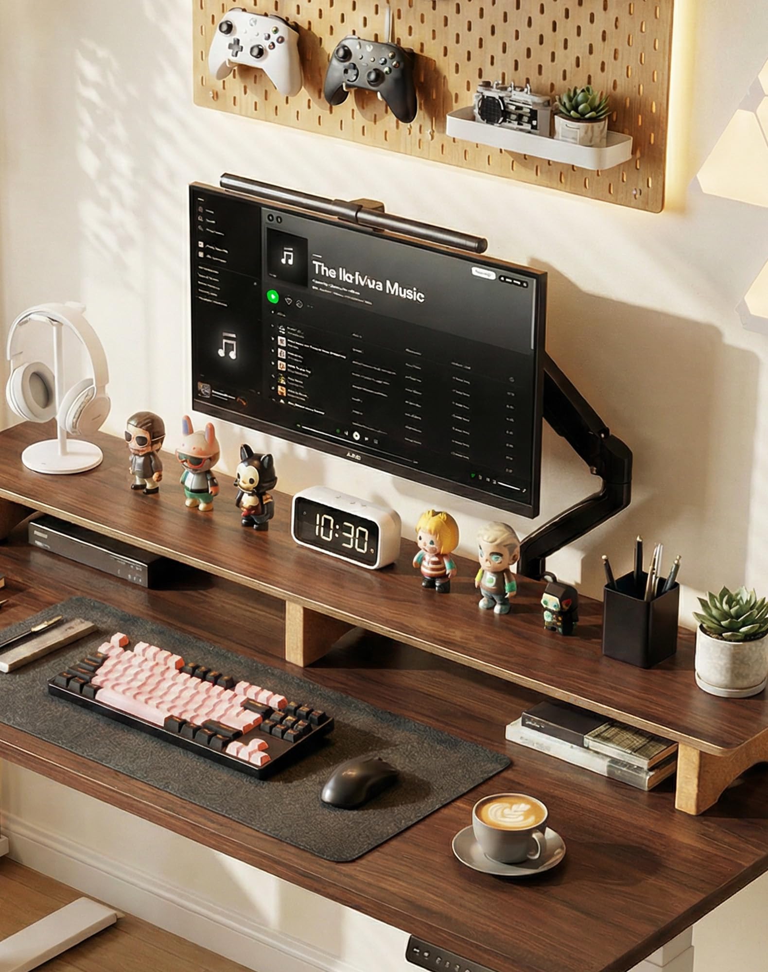 Aothia Massivholz Doppel Monitorständer mit 3 Korkfüßen Walnuss Groß | Massivholz Monitorständer, passend für 2 Monitore, 3 stabile Korkfüße, kein Billig-Spanplatten, robust für Büro & Heim