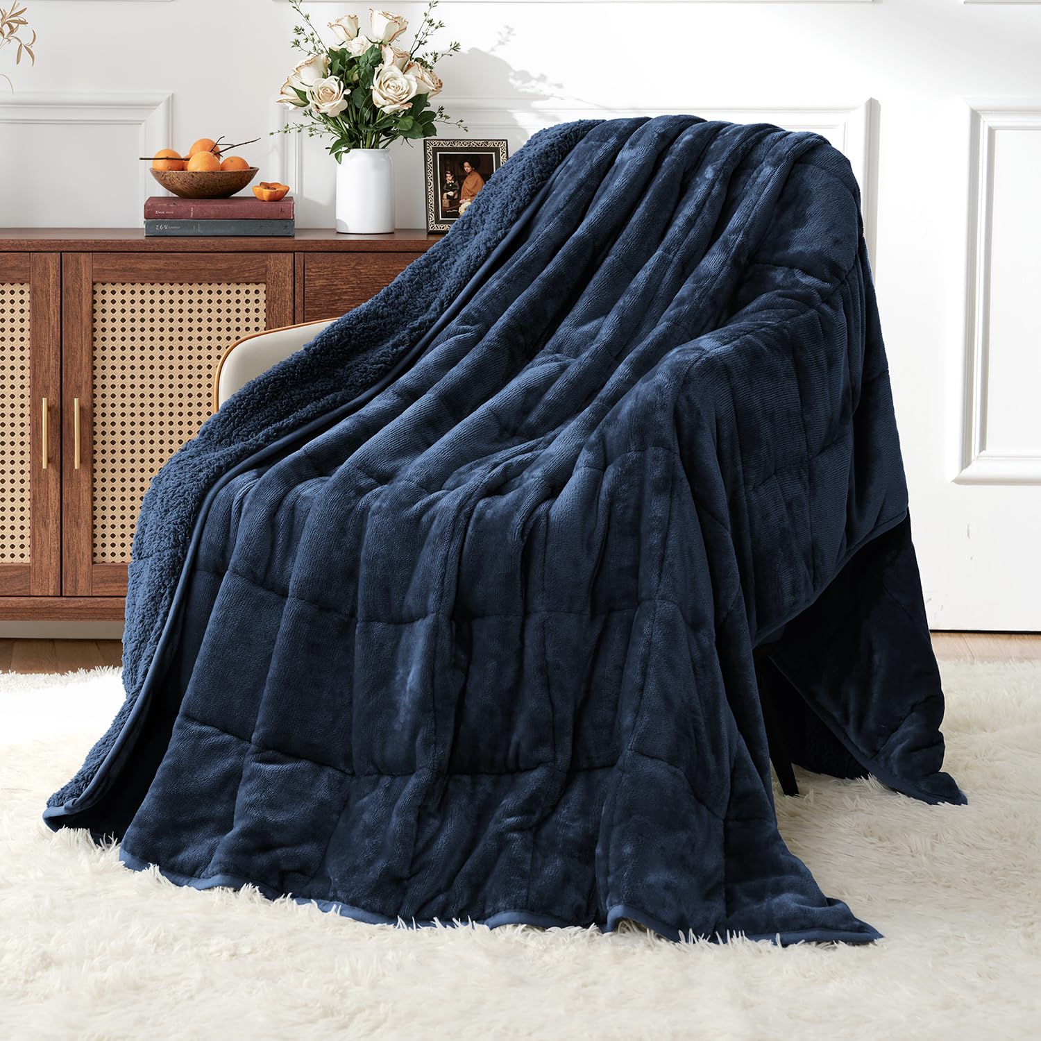 Uttermara Weighted Blankets for Adults King Size, 15lbs 80x87 inches | Soft Plush Fleece; Warm Cozy Sherpa; Machine Washable; Filled with Glass Beads; Heavy Throw for Sleep and Calm; Navy Blue