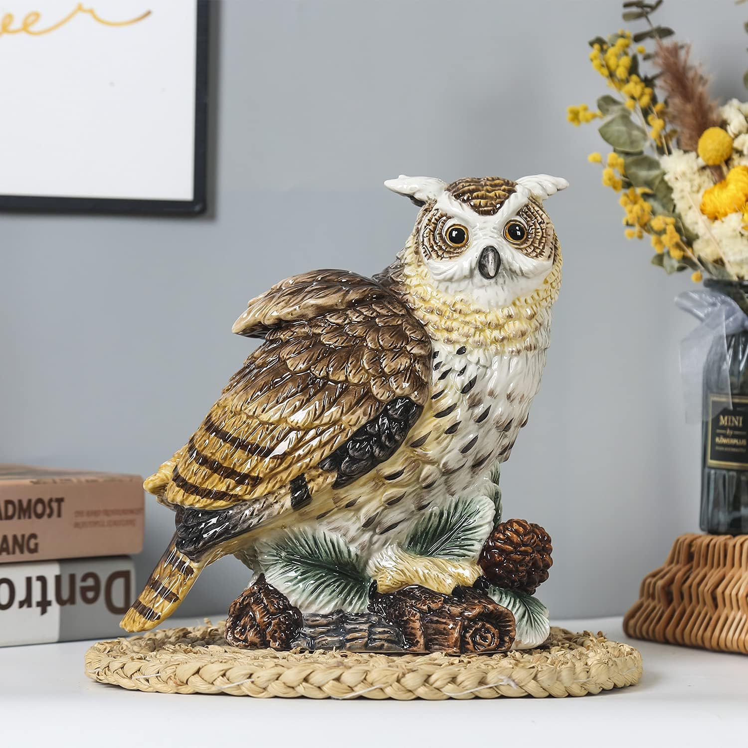 Ceramic Large Collectible Figurines Statue，3D Hand-Painted Owl Home Decoration- 9.45 H