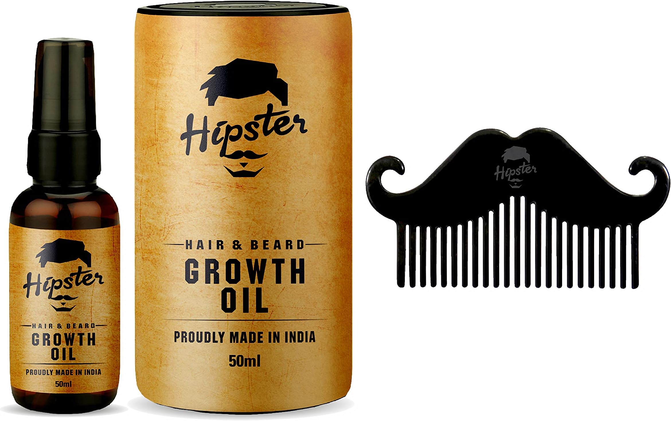 Hipster Hair & Beard Growth Oil For Men 50ml | With Vitamin E, Keratin, Almond & Argan Oil | Hair Oil For Men | Hair & Beard Growing Oil | With Free Beard Comb For Beard Care | Made In India