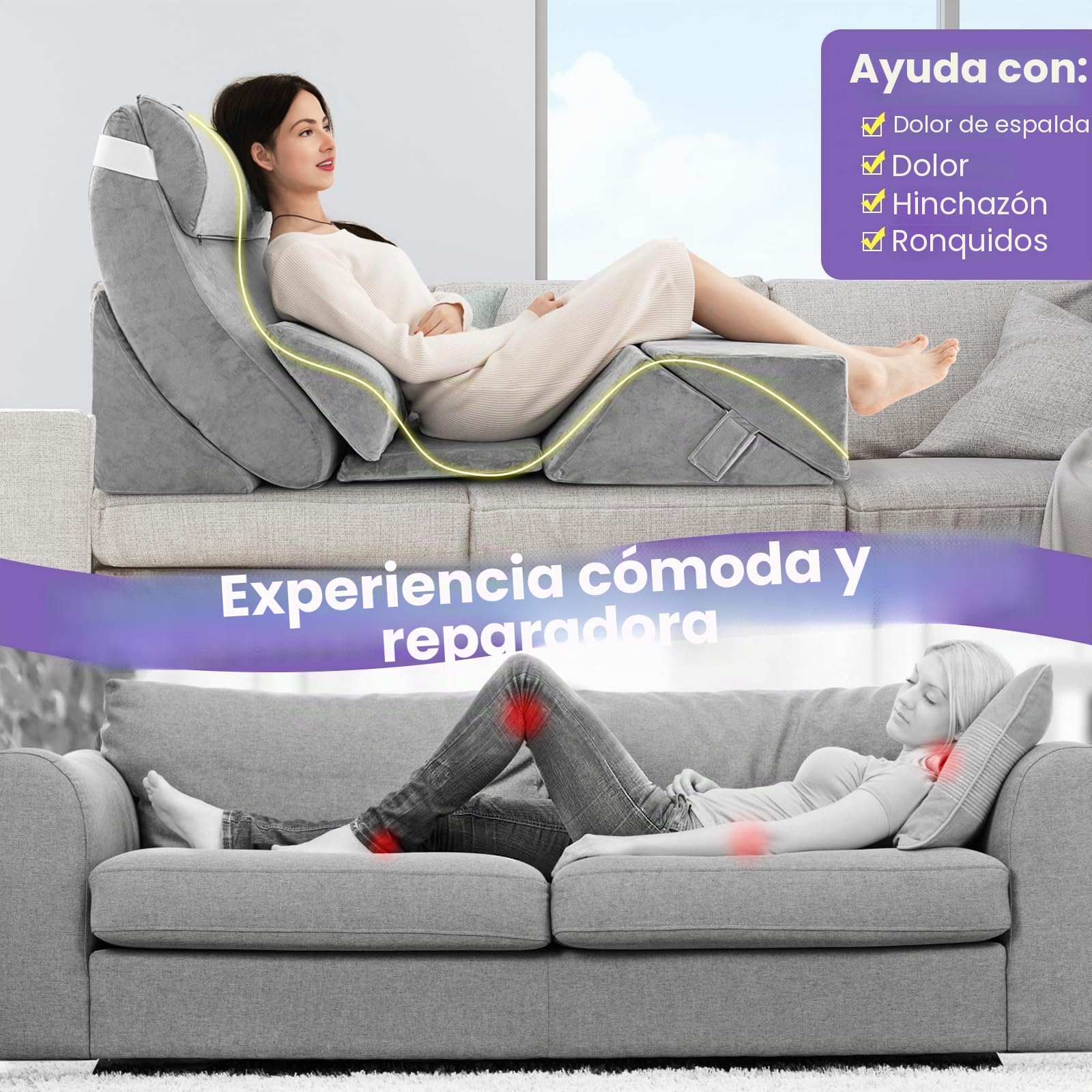 GOPLUS - Juego de 7 cojines de lectura, inclinados para aliviar el dolor, cojín de espuma con memoria de forma ajustable, con funda lavable para dormir, operación lectura(gris, juego de 7)