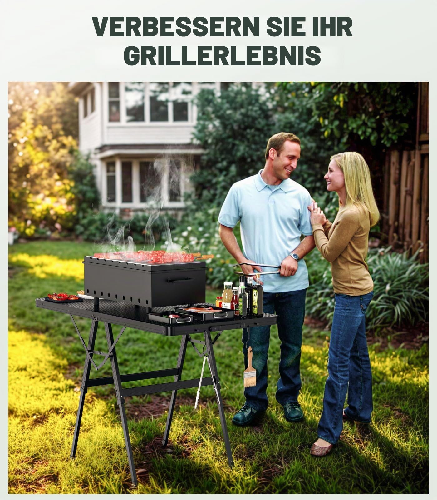 Raynesys Klappbarer Grilltisch mit Mesh-Tischplatte, Höhenverstellbarer Faltbarer Campingtisch aus Metall, Tragbarer Grillwagen für Outdoor, Camping, BBQ, Picknick, Strand, Wohnmobil, 47,24" x 23,62"