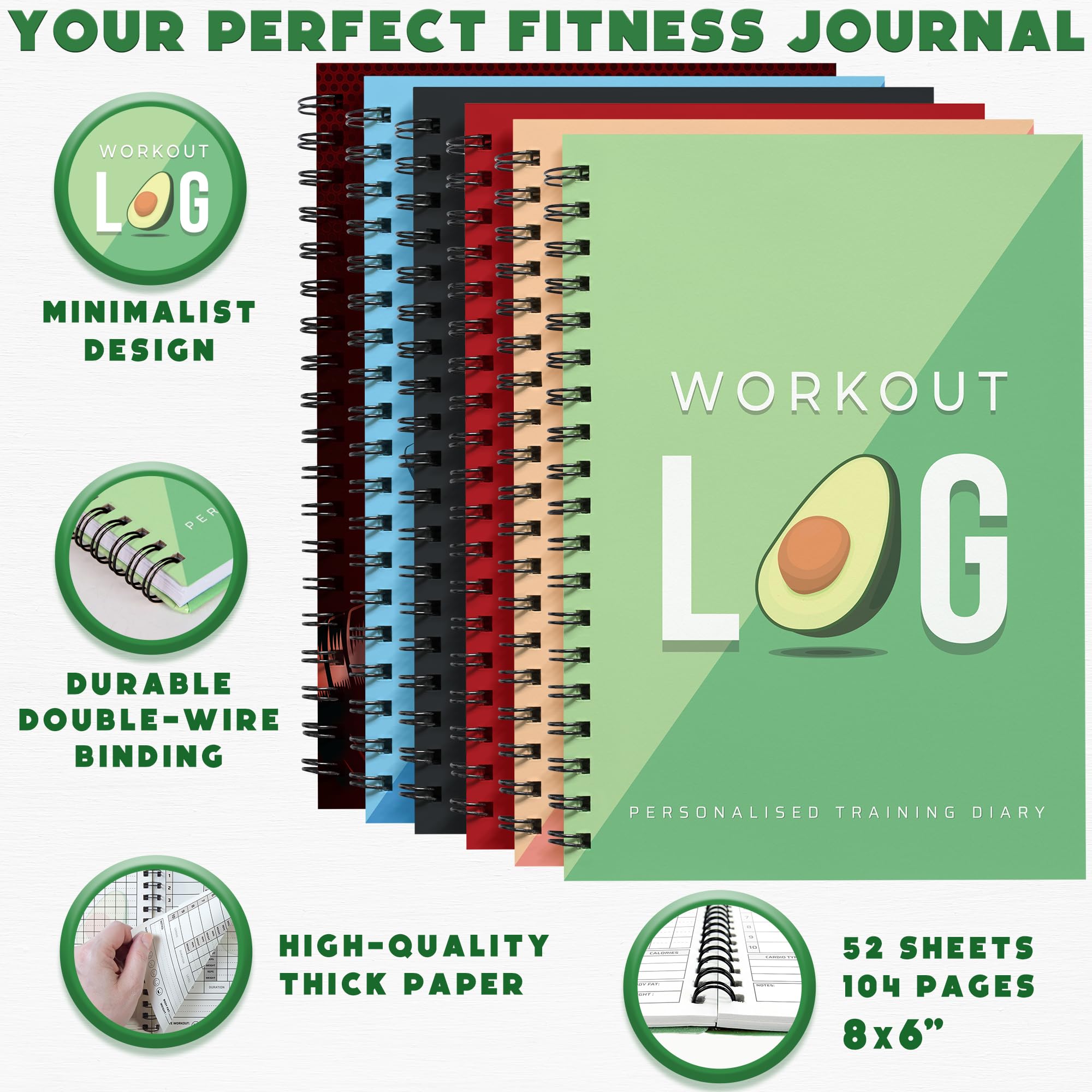 Fitness Logbook - Workout Planner - Formato A5, Verde avocado - Copertina più spessa migliorata - Diario di allenamento - Impostazione degli obiettivi per il bodybuilding - di Workout Log