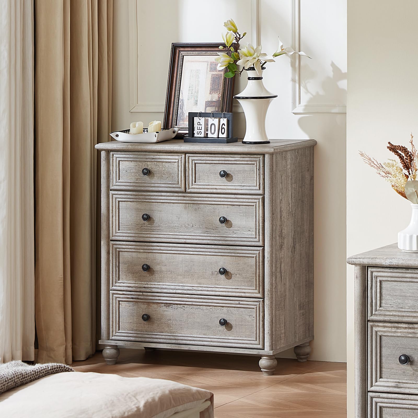 RWYHG Farmhouse 5 Drawer Dresser for Bedroom, 35.5" Tall Small Dressers & Chest of Drawers, Rustic Wood Dresser with Roman Column, Storage Organizer