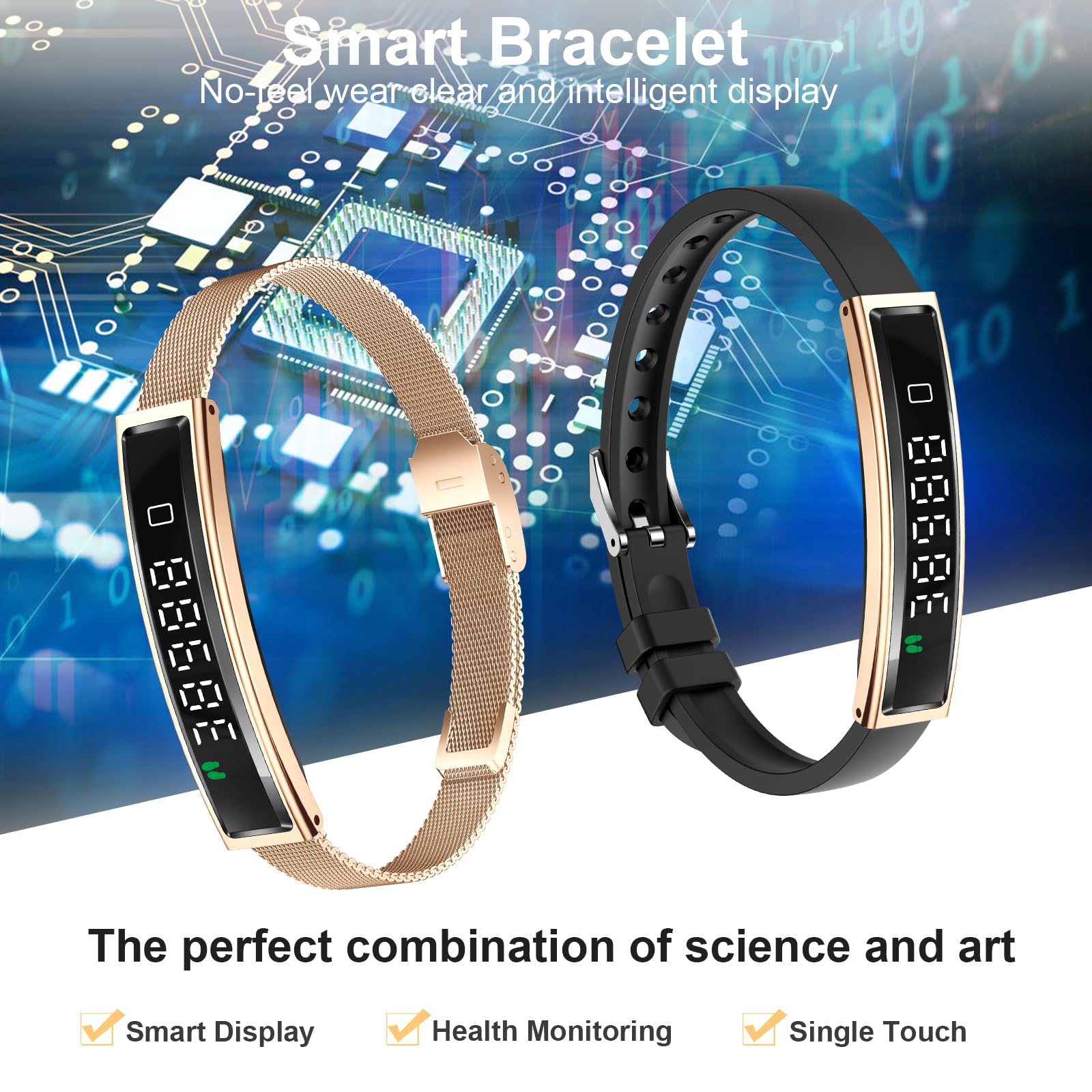 Smart Bracelet, Fitness Trackers, 5ATM Waterproof with 24/7 Heart Rate/SpO2/Sleep Tracker, Bluetooth 5.3, APP, Multi-Sport Modes for iOS & Android (Gold)