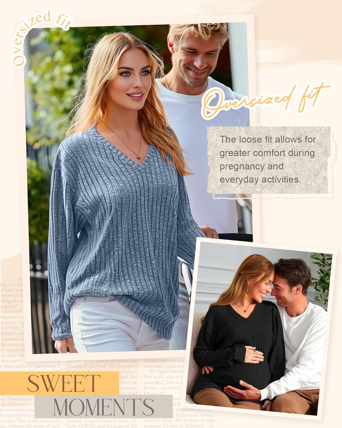 3 Pack Oversized Women's Maternity Nursing Tops Vneck Breastfeeding Sweaters Long Sleeve Hidden Zipper Shirt - Image 2