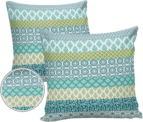Juego de 2 fundas de almohada impermeables para exteriores, color verde azulado, bohemio, a rayas, tribal, vingtage, 18 x 18 pulgadas, color verde,