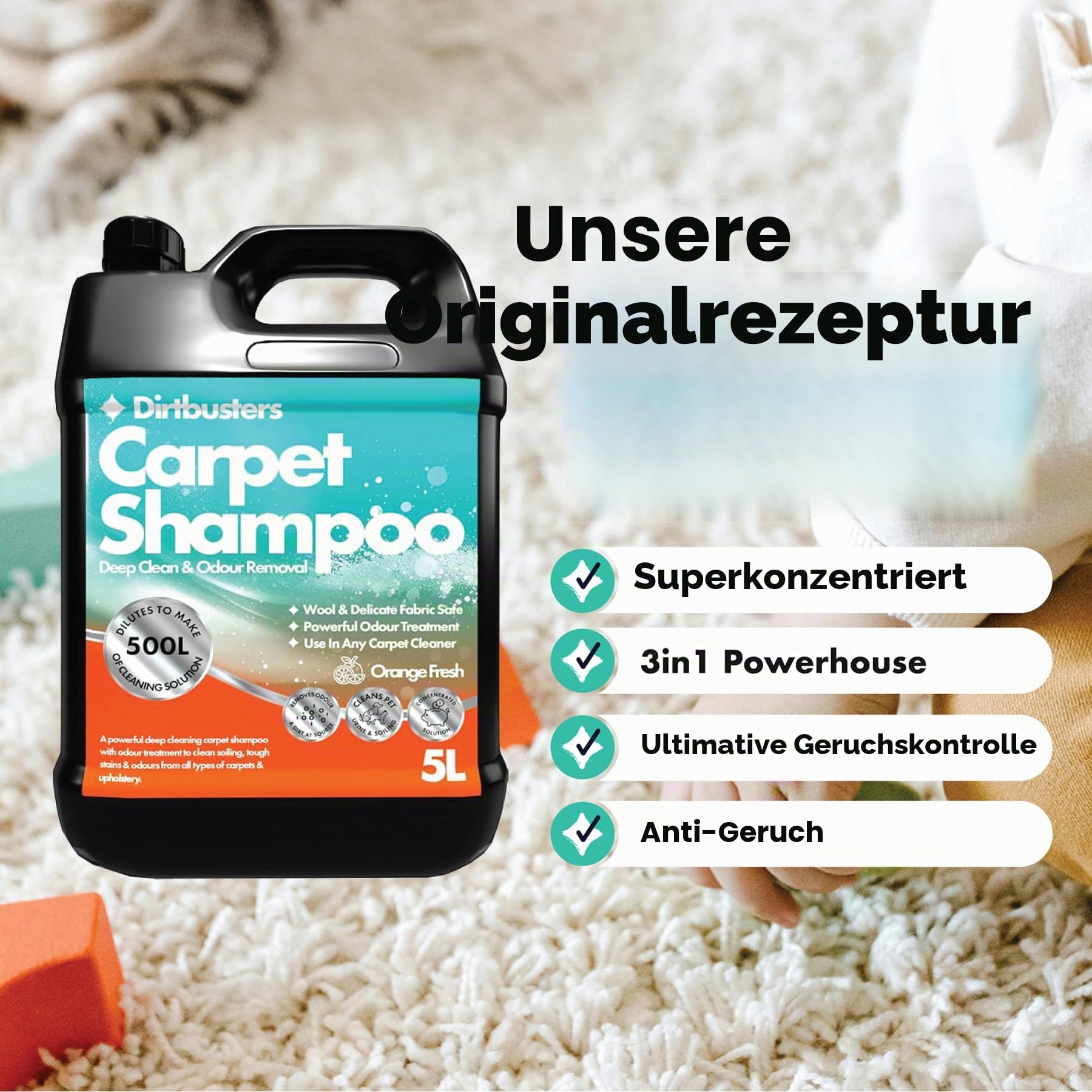 Dirtbusters 3 in1Teppichreiniger & Polsterreiniger Konzentrat für alle Teppichböden und Polster, reinigt & desodoriert - Teppichshampoo Geeignet für alle Waschsauger, Orange frisch 1 x 5 Liter