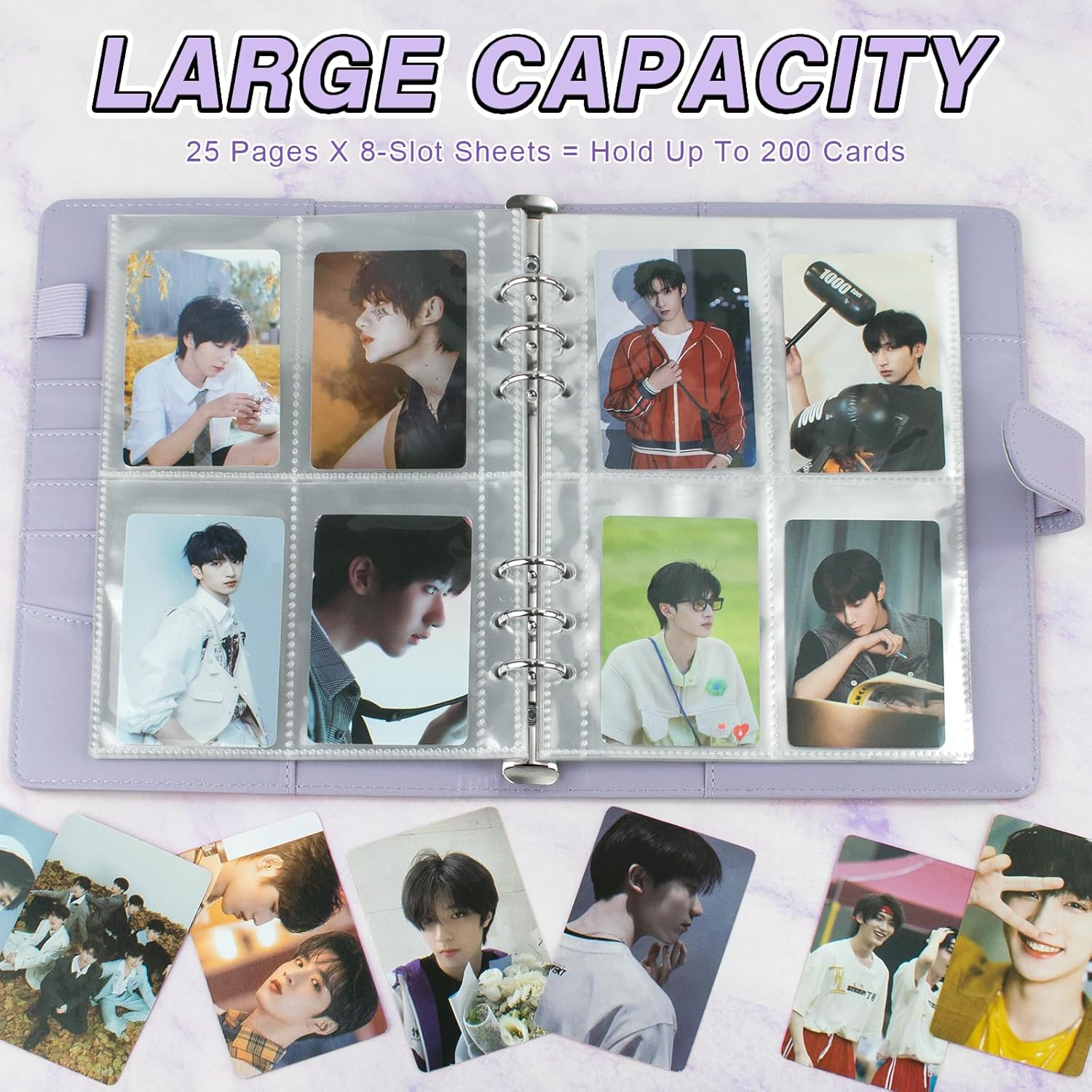A5 Kpop Photocard Binder, 6 Ring Binder Album with 200 Card Slots, PU Leather Binder Cover with Magnetic Buckle Closure for Organizing Trading Cards (Purple) - Image 3