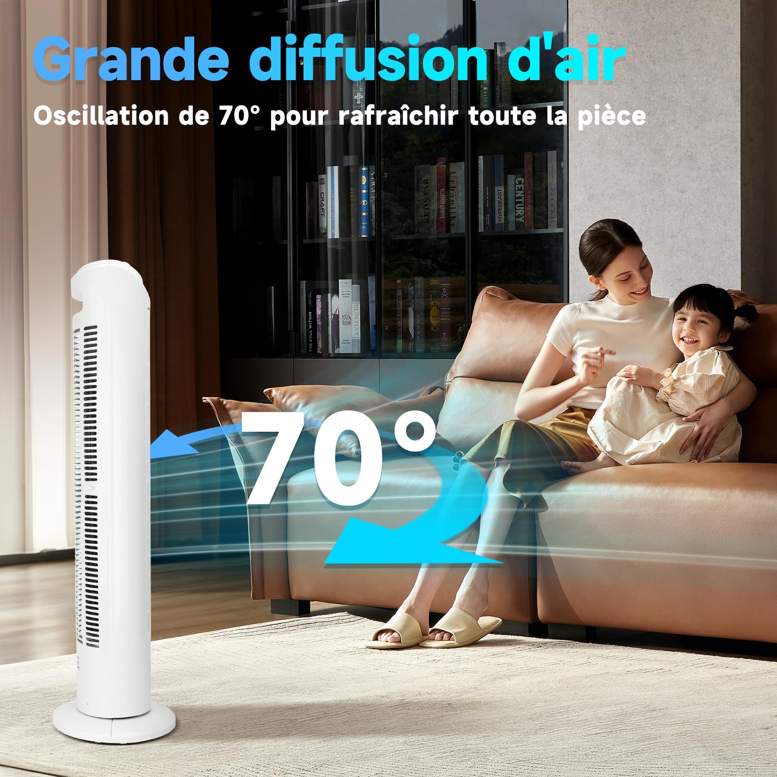 Aigostar Ventilateur Colonne Silencieux 81CM, 3 Vitesses,Oscillation 70°, Minuteur 2H, Blanc,Ventilateur Tour Puissant 45W,Économique pour Salon Bureau Chambre -Benson White