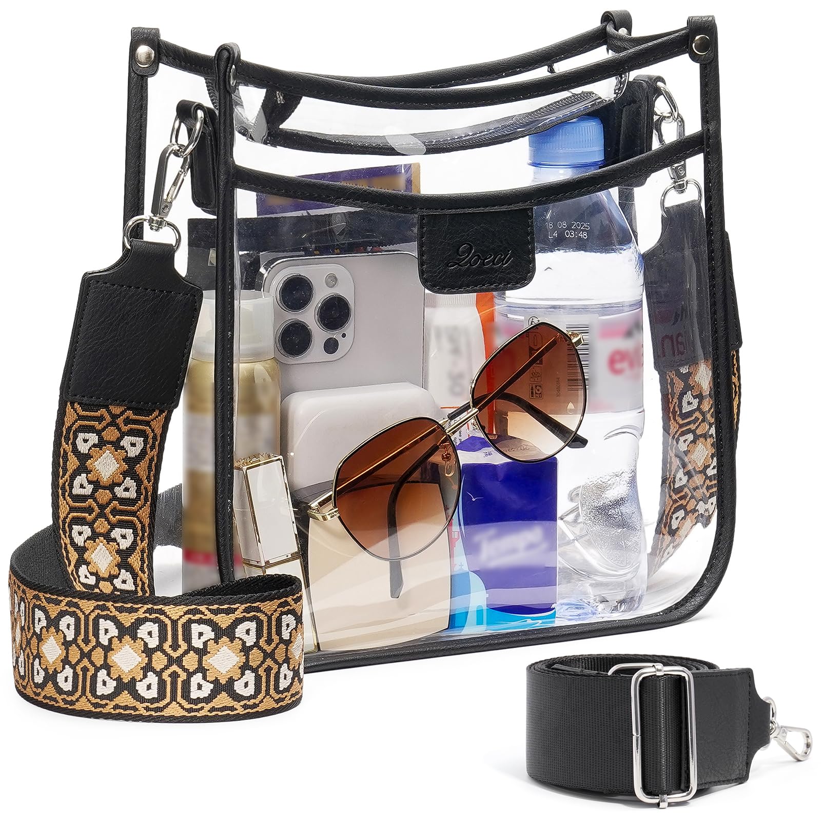QOECI 3 Pockets Large Clear Bag for Stadium Events with 2 Long Straps Purse for Women Crossbody Bag Concert Stadium Approved | 3 Pockets, Large,