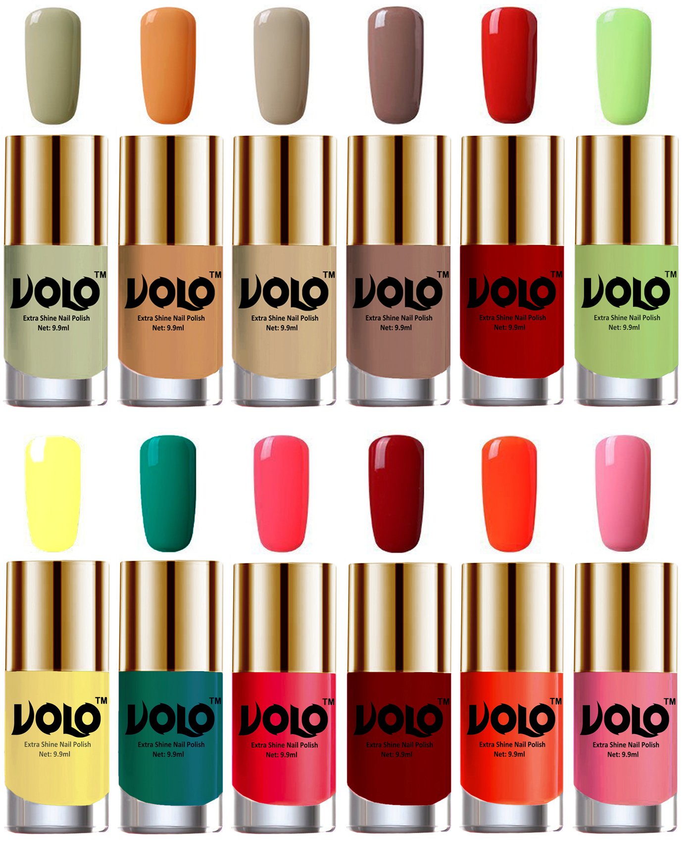 Volo Super Shine Nail Polish Set of 12 Vibrant Shades (Mischievous Mint, Flirty Nude, Nude, Dark Nude, Reddish Orange, Parrot Green, Yellow, Radium Green, Carrot Red, Red)-image-18