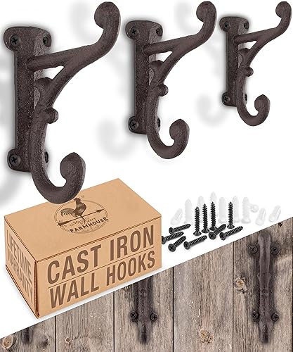 Miniatura 9 de Ganchos rústicos de hierro fundido (paquete de 3) color blanco antiguo, para montar en la pared, decoración de granja, ganchos de pared resistentes