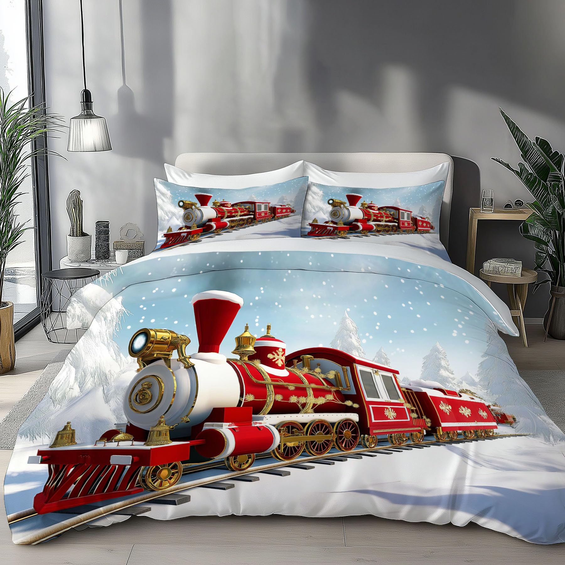 Housse de couette train de Noël 220x240cm rouge et blanc