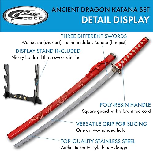 Miniatura 2 de SZCO Supplies Katana de dragón antiguo de 3 piezas con vaina grabada y soporte de exhibición