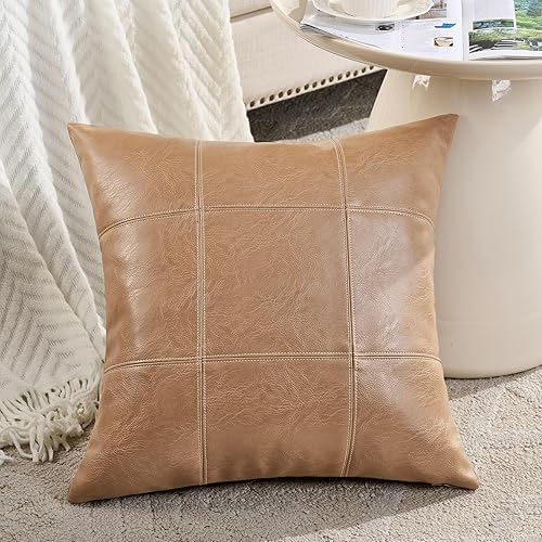 Miniatura 8 de Fancy Homi Paquete de 2 fundas de almohada decorativas de piel sintética a cuadros lumbares de color marrón bohemio de 12 x 20 pulgadas para sala de