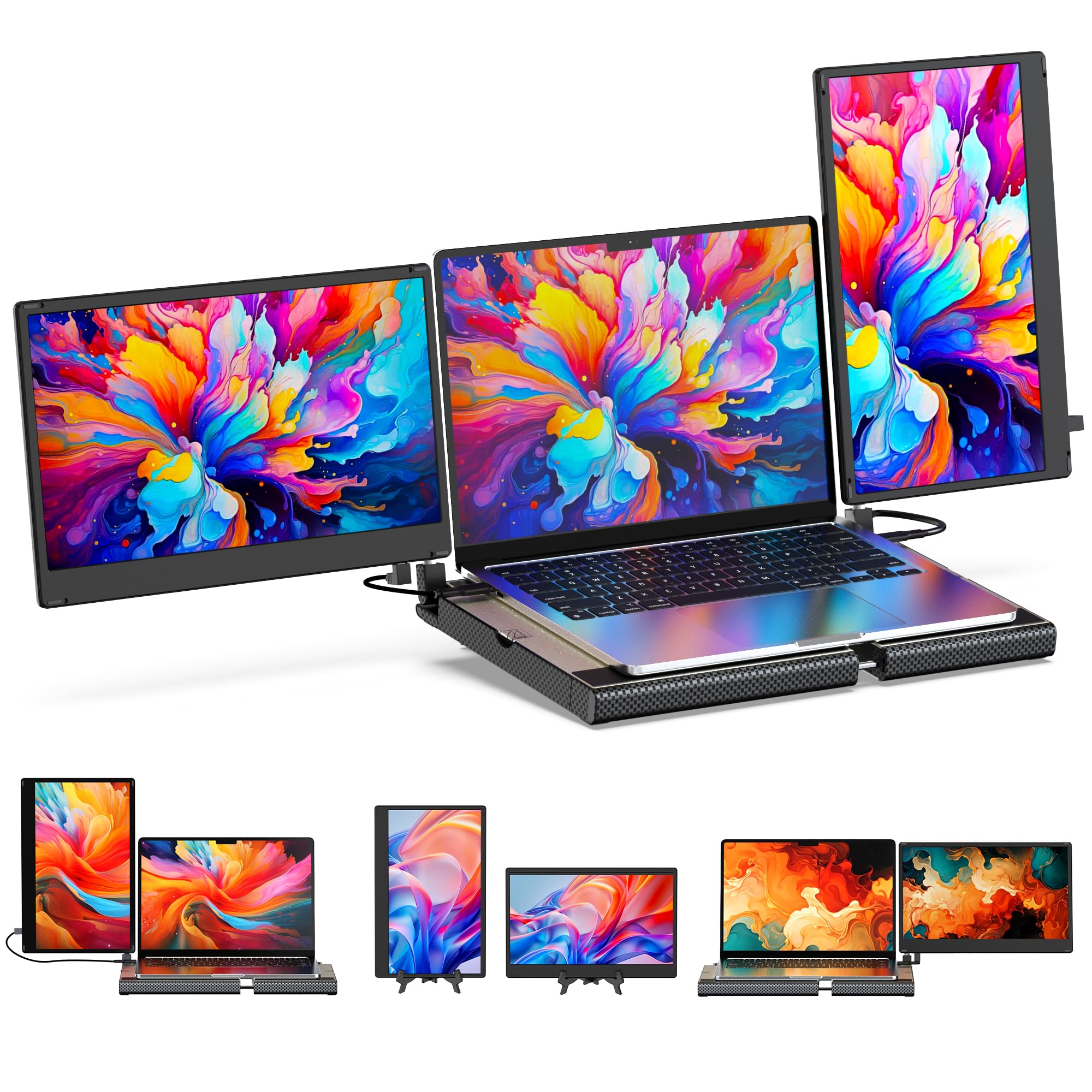 Laptop Screen Extender F3, Triple Portable Monitor 14-inch 360 Degrees Rotation with Stand, IPS FHD 1080P Workstation for Windows/Mac/Linux/Chrome Compatible with Notebook/Mini PC