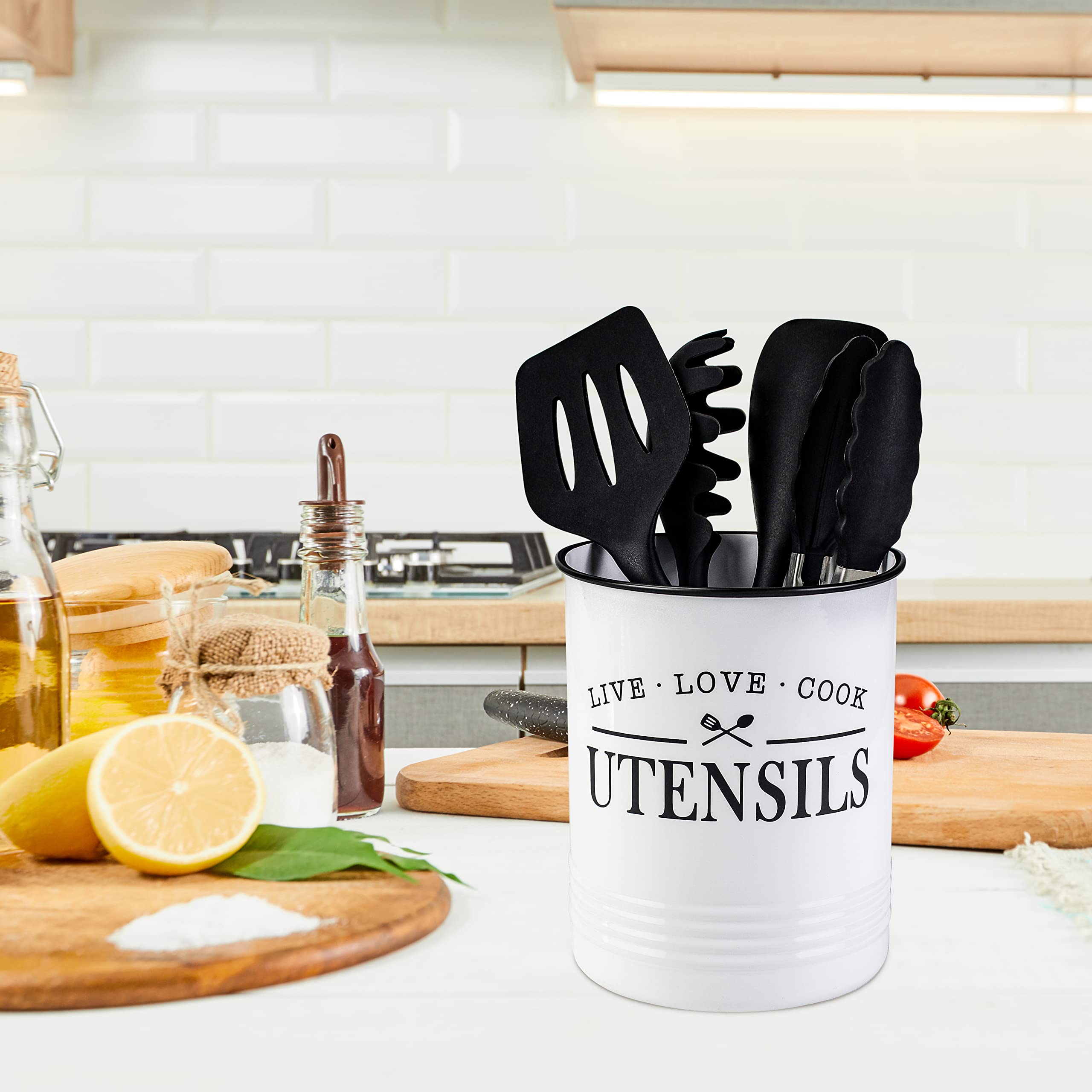 Portautensili Da Cucina Decorativo In Metallo Dorato Con Base In Marmo - Fatto A Mano, 13x13x17 Cm, Contenitore Per Utensili, Eleganza Per Il Piano Di Lavoro