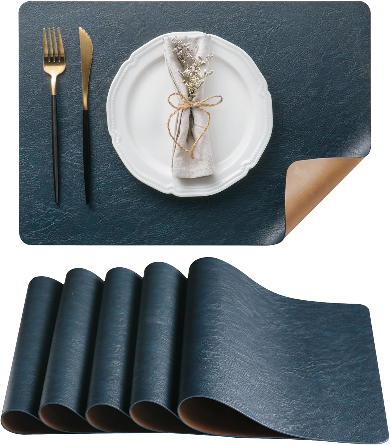 DOLOPL Reversible Faux Leather Placemats Set of 6 - Heat Resistant Wipeable Dual-Color Camel & Navy Blue Table Mats
