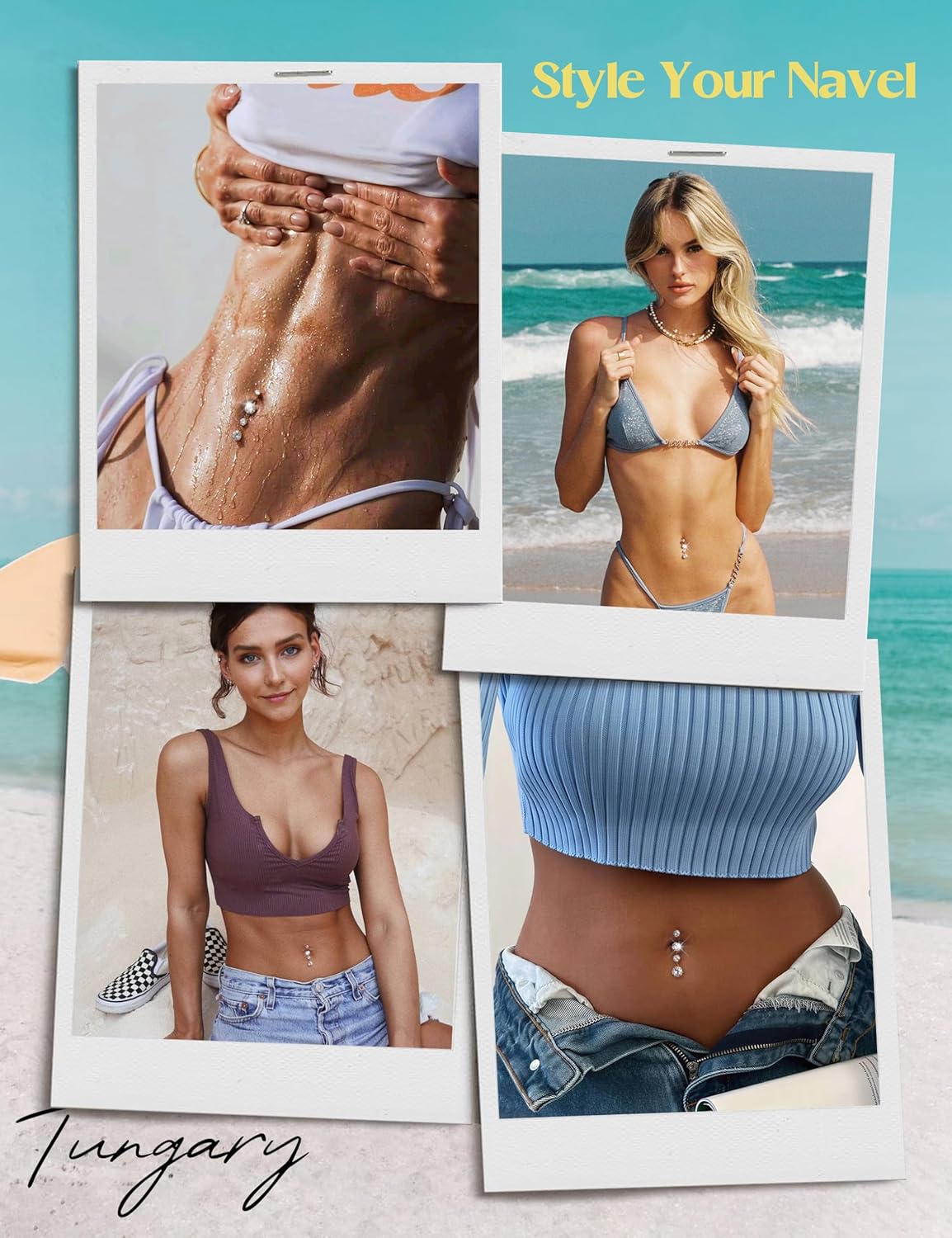 Tungary G23 Titanium Belly Button Ring for Women - 14G 3/8" Internally Threaded Navel Rings with 5A CZ Dangle Belly Button Ring Hypoallergenic Navel Piercing Jewelry, Gold & Titanium Silver - Image 4