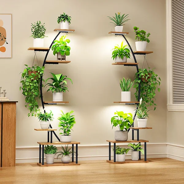 Zekoled Plant Stand Indoor with Grow Lights, 7 Tiered 66" Tall Metal Plants Shelf, 3 Color Mode Full-spectrum LED, Half-Moon Shaped with Cable Ties & Safe Straps for Living Room, Patio