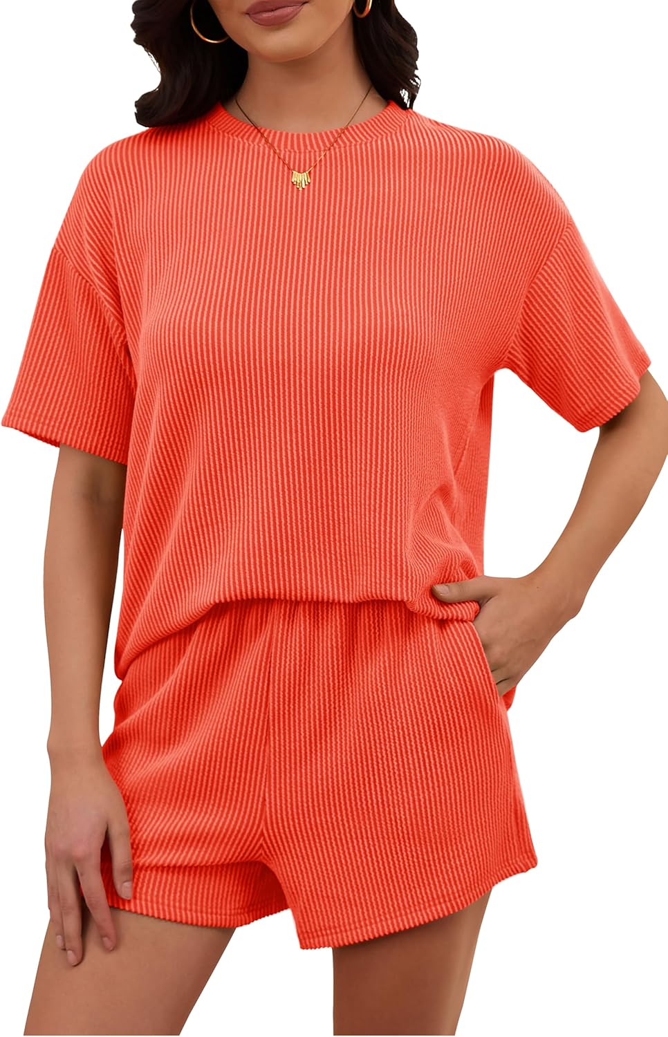 RUBZOOF Women's 2 Piece Sets Short Sleeve Outfits Ribbed Textured Knit Lounge Shorts Set Oversized Tracksuit Matching Sets - Image 4