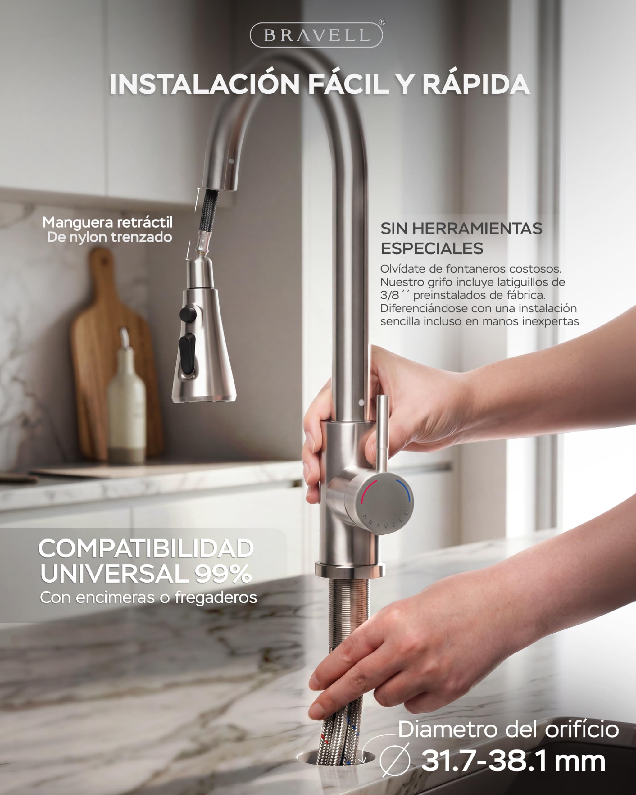 BRAVELL Grifo Cocina Extraible, Grifo Cocina Fregadero con 4 Modos Giratorio 360° Torneira Cozinha Monomando, Acero Inoxidable Mate, Latiguillos 3/8, Instalación Fácil y Completa (Acero mate 304 INOX)
