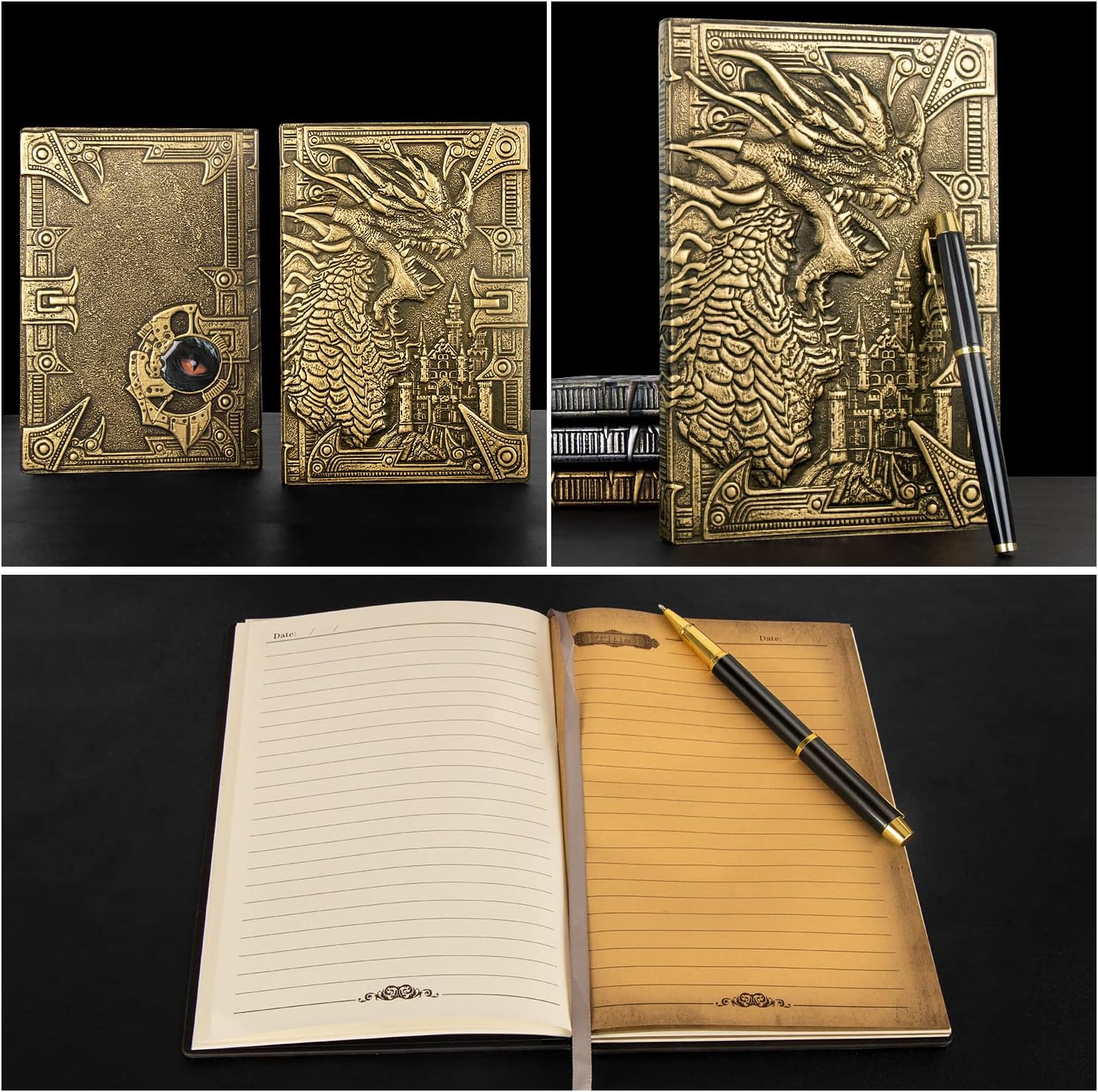 DND Dungeon and Dragon Notebook 3D Embossed Leather Dragon Journal with Black Ballpoint Pen &Pen Sleeve,A5 Vintage Travel Diary D&D Writing Notebook for Hardcover Journal Women&Men (Bronze)