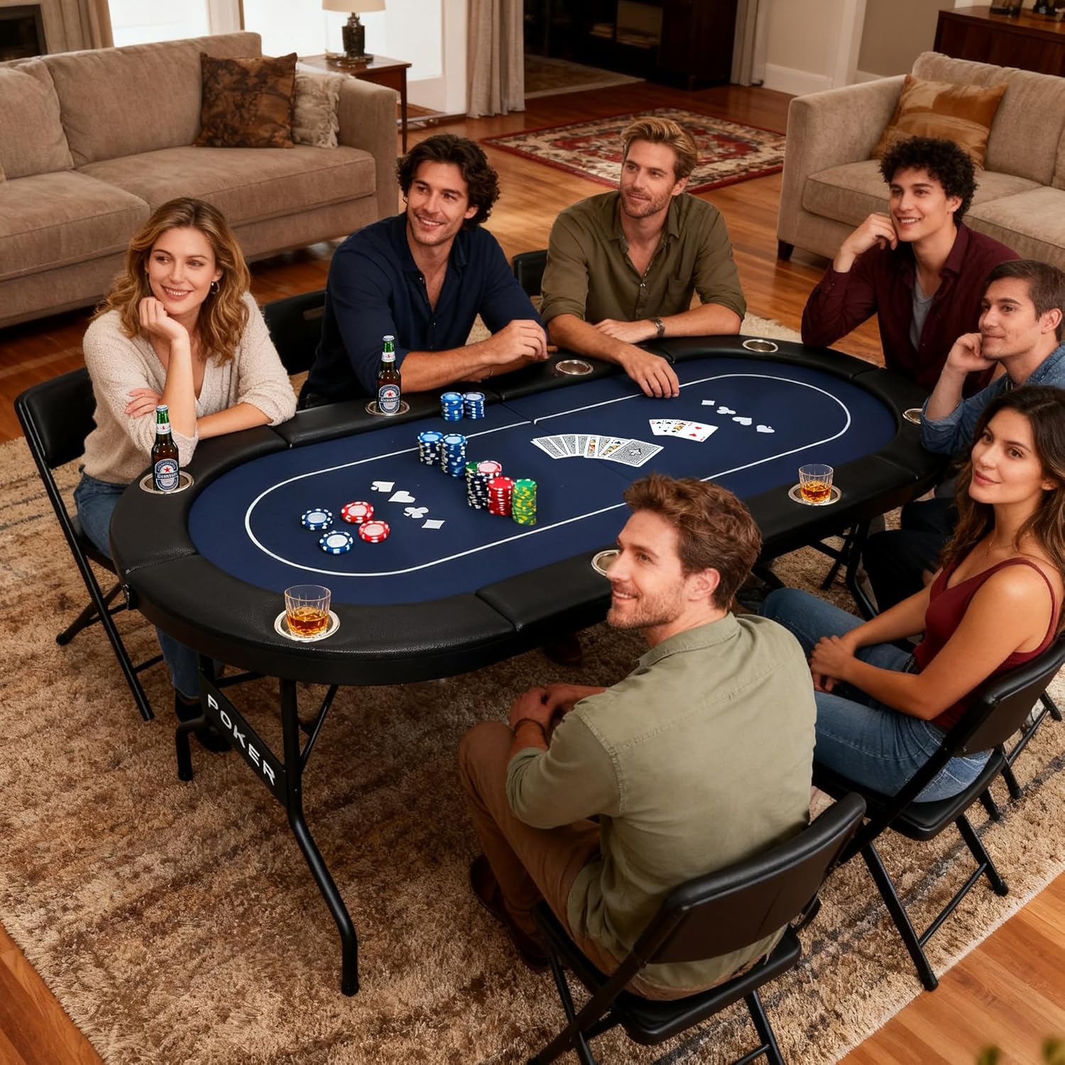 3 in 1 Foldable Poker Table with Reversible Game Mat, 8 Players Game Table with 8 Cup Holders, Suitable for Texas Holdem&Blackjack and Most of Poker Game.