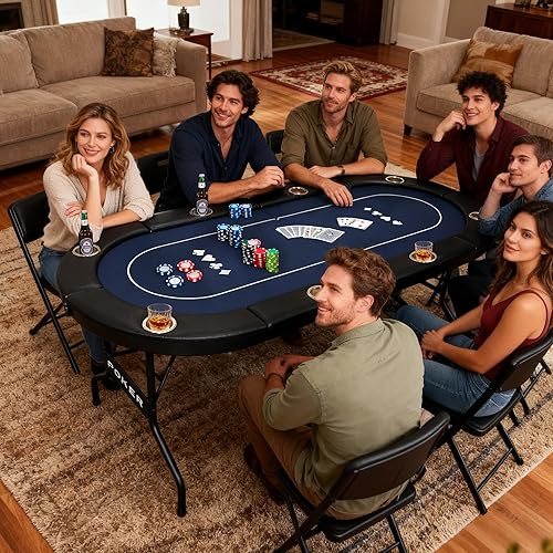 Miniatura 8 de Mesa de póquer plegable 3 en 1 de 6 pies con alfombrilla de juego reversible, mesa de juego para 8 jugadores con 8 portavasos, adecuada para Texas