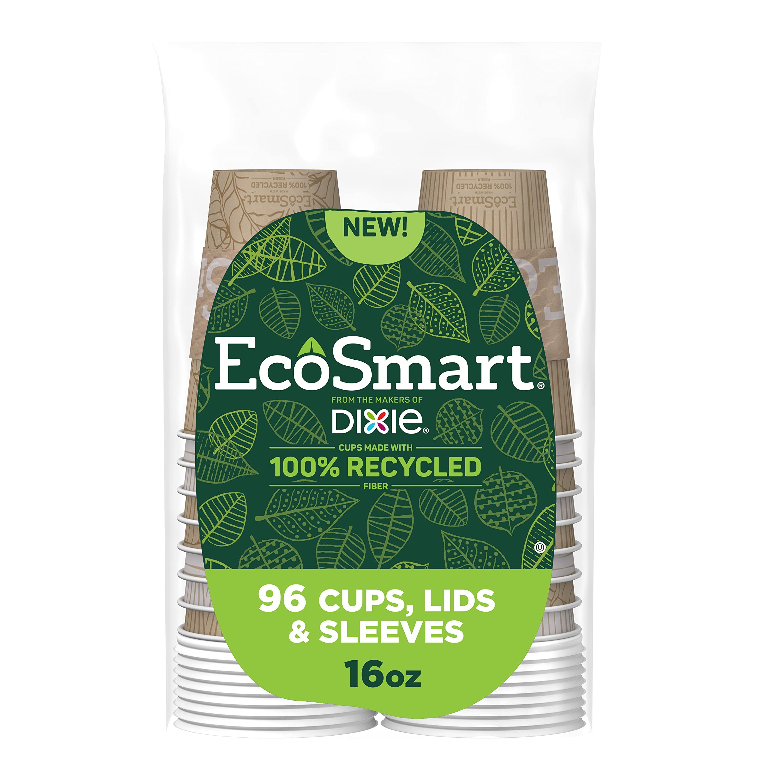 Photo 1 of 6 pack EcoSmart® 100% Recycled Fiber Paper Cups, 16 Ounce Disposable Coffee Cups with Lids & Sleeves, 96 Eco-Friendly Cups (6 Combo Packs of 16 Cups, Lids & Sleeves)